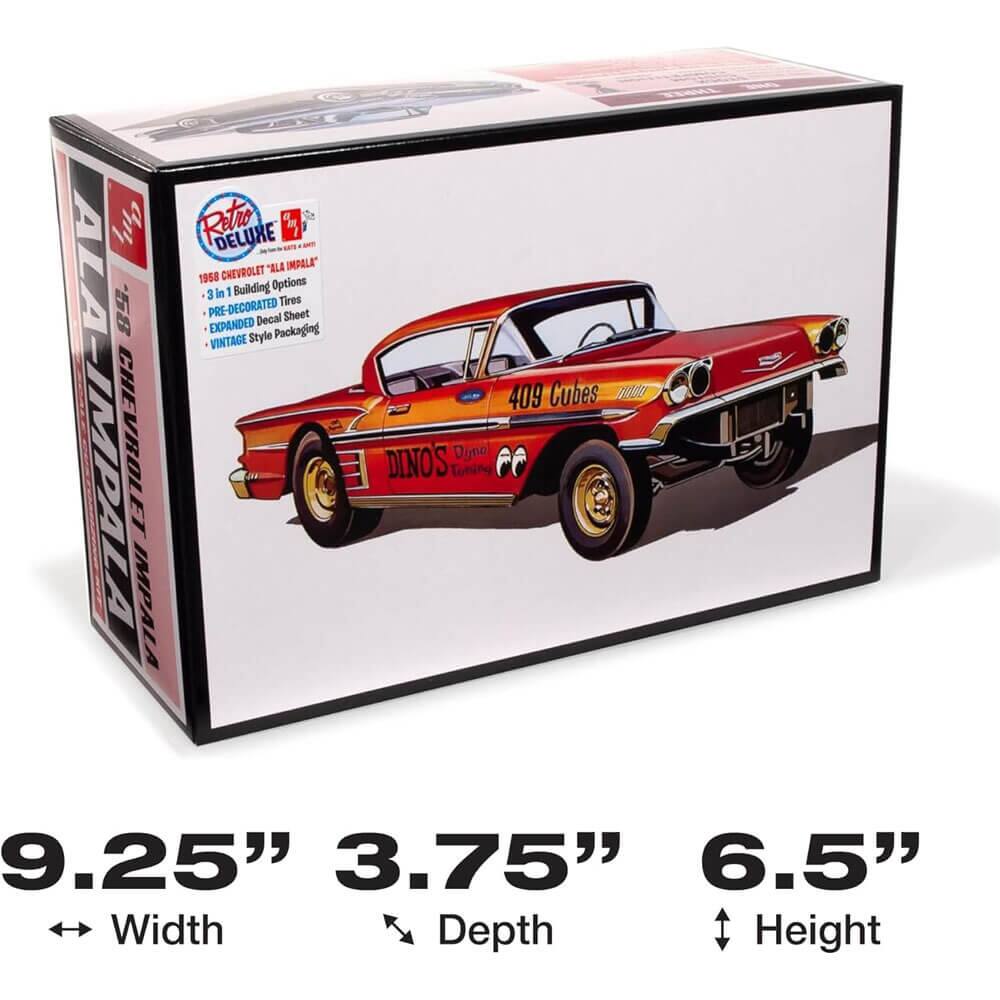 1:1 Ratio DELUXE ALA "ALA IMPALA" 1958 CHEVROLET  
1 Building Options  
3 Decorated Tires  
58 Pre-Expanded Style Decal Packaging Sheet  
Vintage ALA-IMPALA  
409 Cubes  
DINOS Dino Toning Dyno  
9.25" Width  
3.75" Depth  
6.5" Height