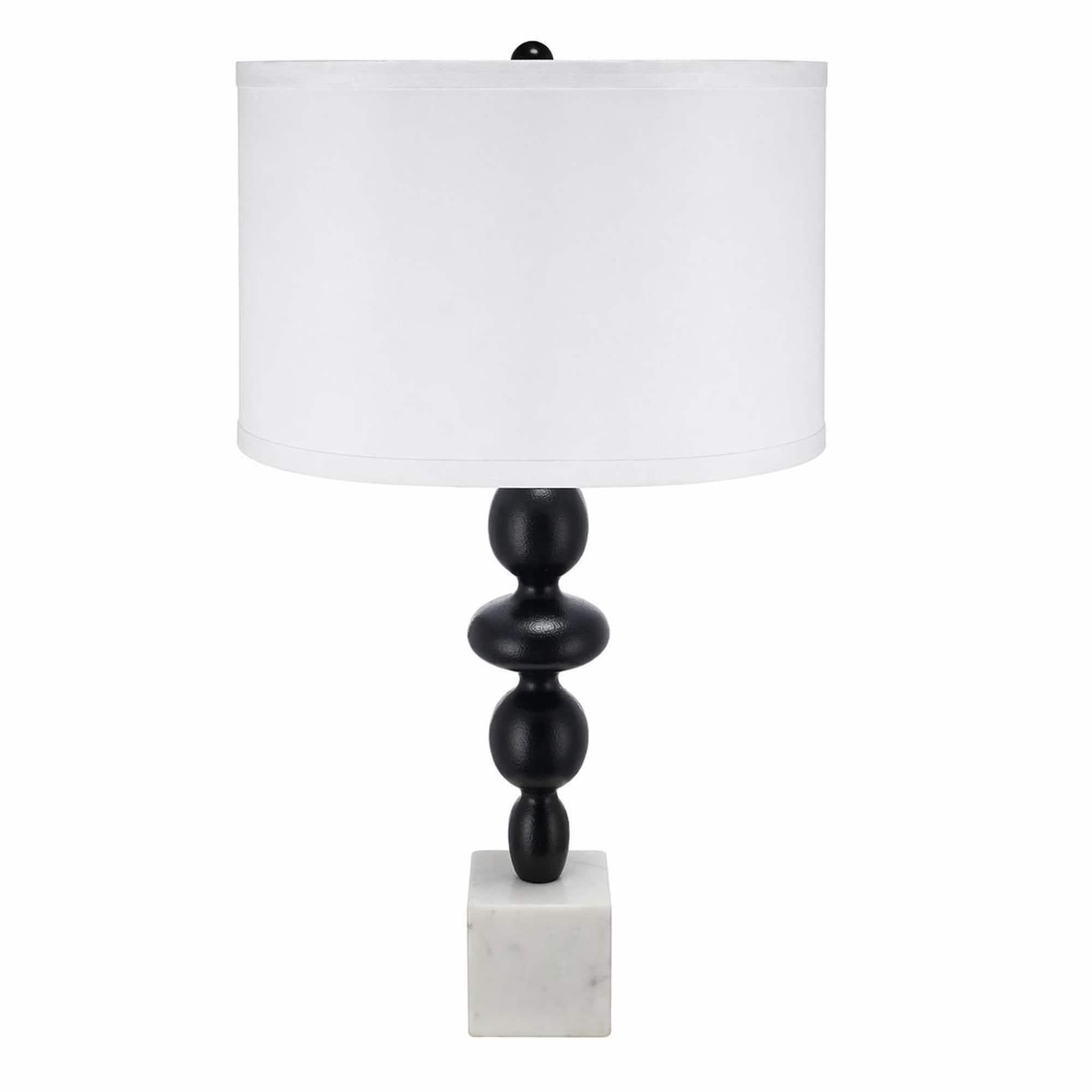 RYHNUYNE - Black and White Table Lamp with Round Four-Tiered Body, Marble Cube Base, and Fabric Drum Shade - Black White