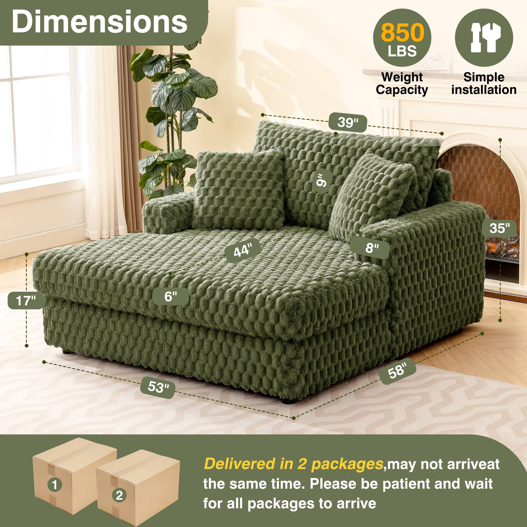 Dimensions  
850 LBS Weight Capacity  
Simple installation  

39"  
9"  
44"  
8"  
35"  
17"  
6"  
53"  
58"  

Delivered in 2 packages, may not arrive at the same time. Please be patient and wait for all packages to arrive.