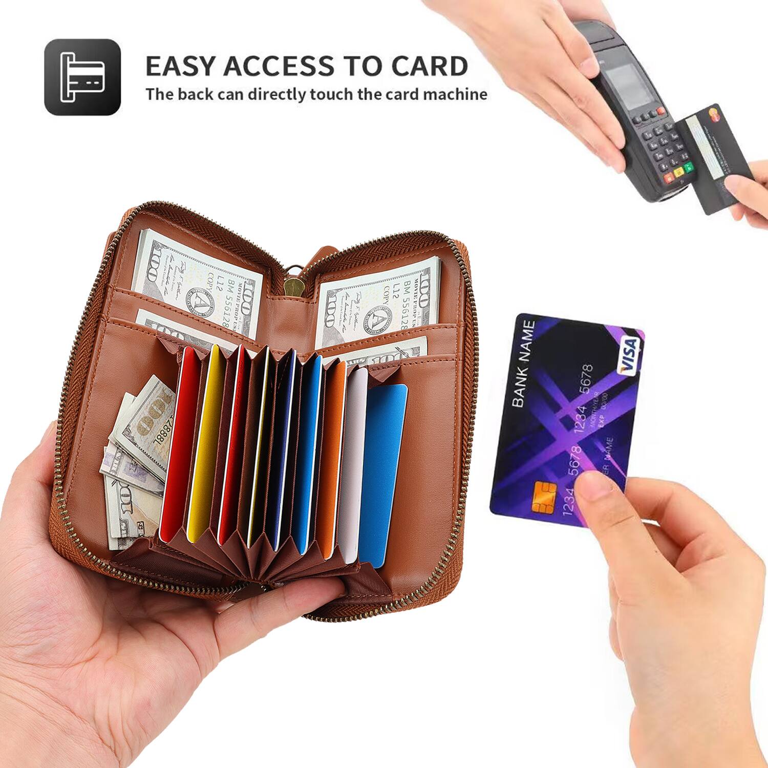 EASY ACCESS TO CARD  
The back can directly touch the card machine

100 100 100g 2888L

COPY L12 BM 556128 MOVIE PROPE 00  
COPY L12 BM BURRY 100 100 1124 556128 PROPES milk!

NAME BANK  
5678 1234 5678 1234  
EXP NAME ER  
VISA