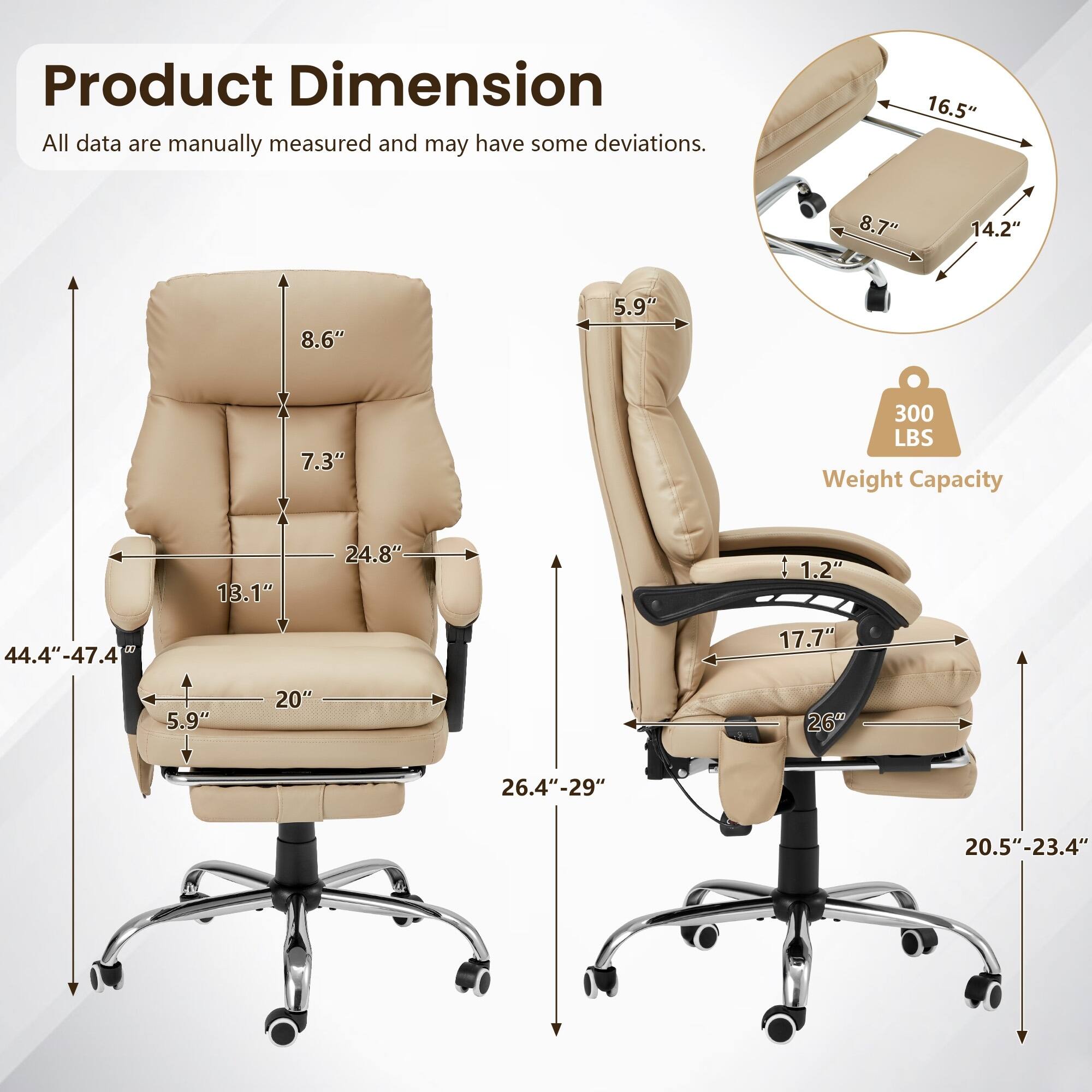 Product Dimension  
All data are manually measured and may have some deviations.

- 16.5"  
- 8.7"  
- 14.2"  
- 8.6"  
- 5.9"  
- 7.3"  
- 300 LBS Weight Capacity  
- 13.1"  
- 24.8"  
- 1.2"  
- 44.4"-47.4"  
- 17.7"  
- 5.9"  
- 20"  
- 26.4"-29"  
- 20.5"-23.4"