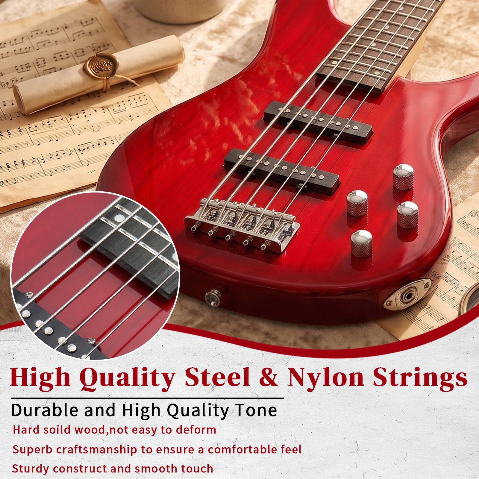 High Quality Steel & Nylon Strings  
Durable and High Quality Tone  
Hard solid wood, not easy to deform  
Superb craftsmanship to ensure a comfortable feel  
Sturdy construct and smooth touch