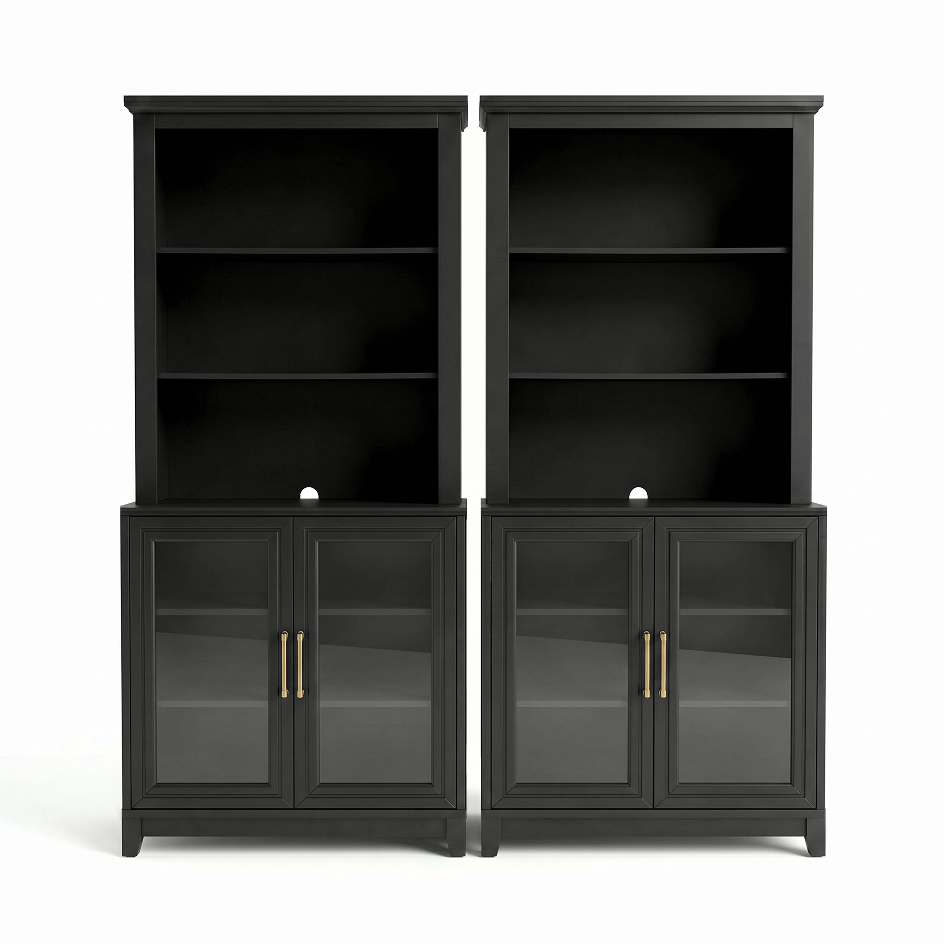 Alt View 1. Martha Stewart - Bedford Set of 2 Modular Cabinets and 2 Hutch Set, Premium Hardware, Open Top Shelves, Soft-Close Glass Doors - Black Frame/Gold Hardware.