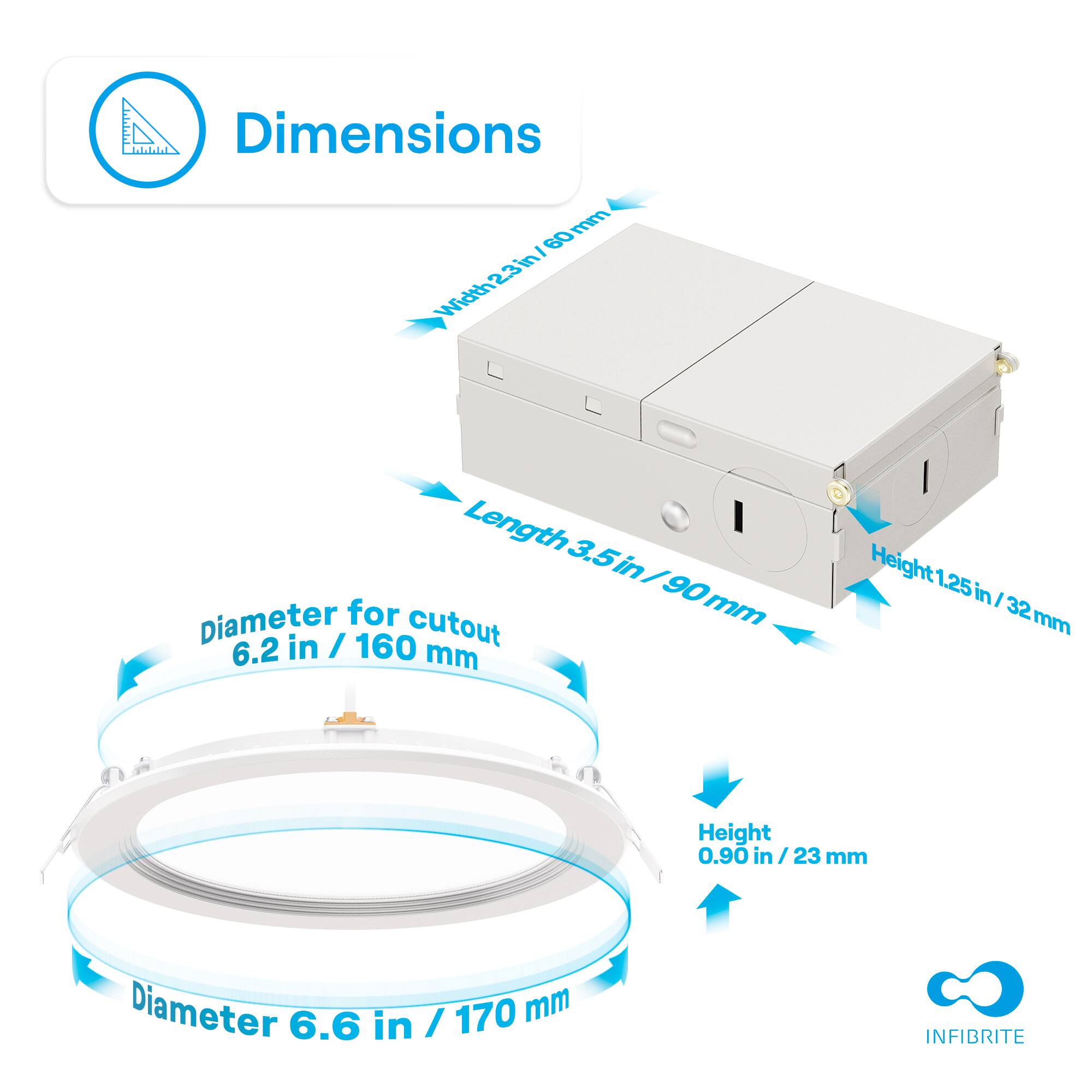 Dimensions

- Width: 23 in / 60 mm
- Length: 3.5 in / 90 mm
- Height: 1.25 in / 32 mm

Diameter for cutout: 6.2 in / 160 mm

Diameter: 6.6 in / 170 mm

Height: 0.90 in / 23 mm

INFIBRITE
