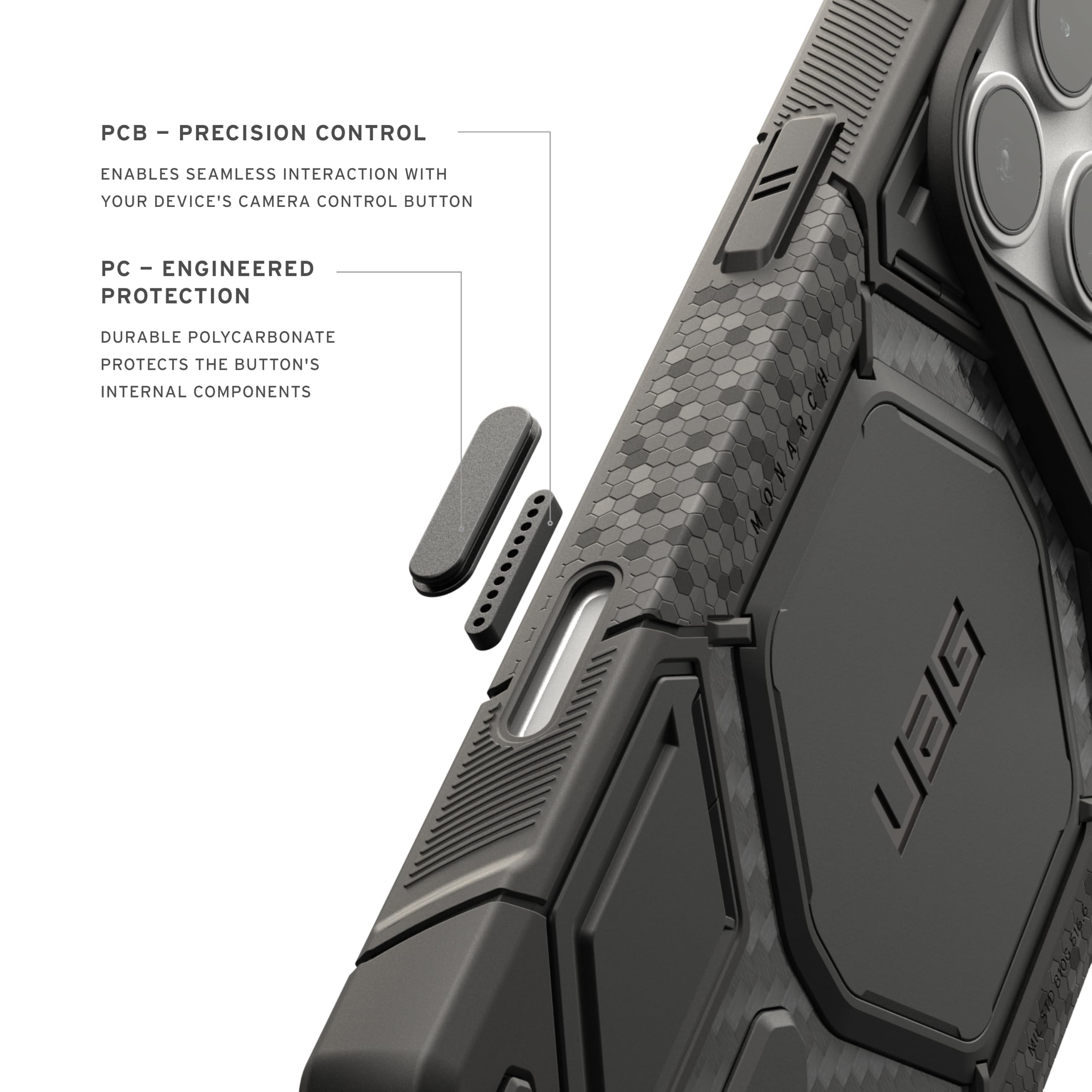 - PCB - PRECISION CONTROL
  ENABLES SEAMLESS INTERACTION WITH YOUR DEVICE'S CAMERA CONTROL BUTTON

- PC - ENGINEERED PROTECTION
  DURABLE POLYCARBONATE PROTECTS THE BUTTON'S INTERNAL COMPONENTS

- UGG $16.67