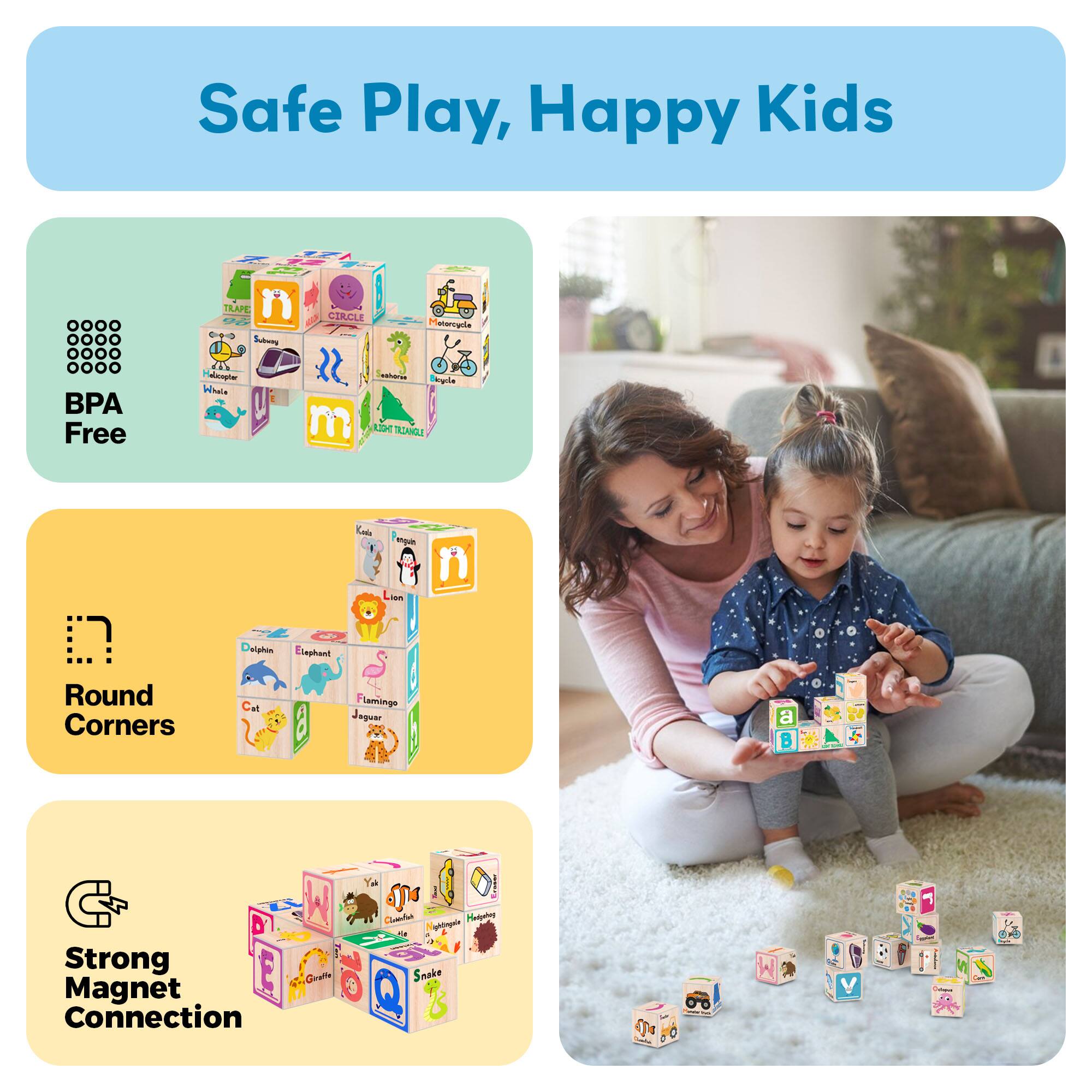 Safe Play, Happy Kids

- BPA Free
- Round Corners
- Strong Magnet Connection