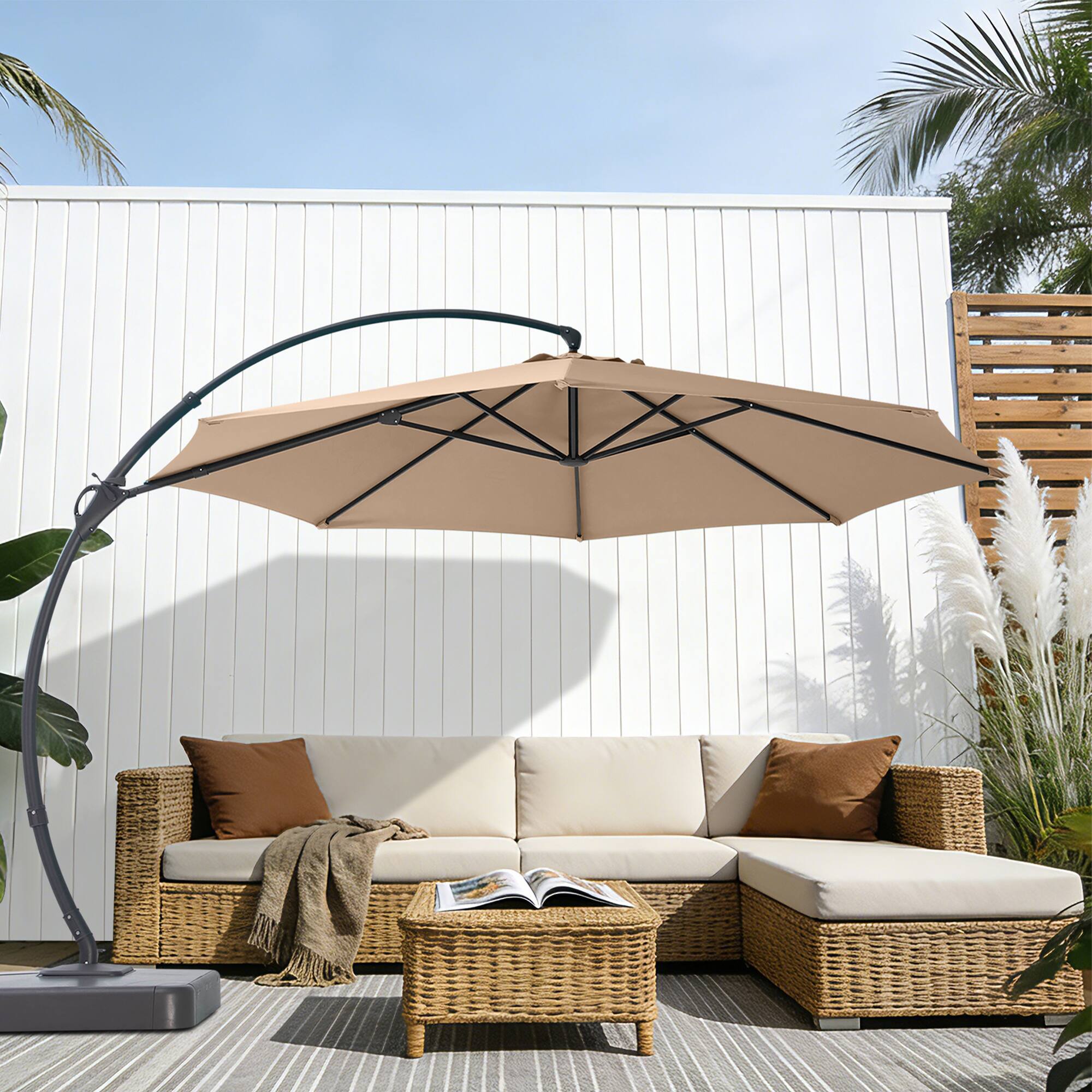 Alt View 2. Yardgrace - 11 FT Heavy Duty Cantilever Patio Umbrella with Base and 360 Rotation for Outdoor Backyard and Pool - Champagne colour.