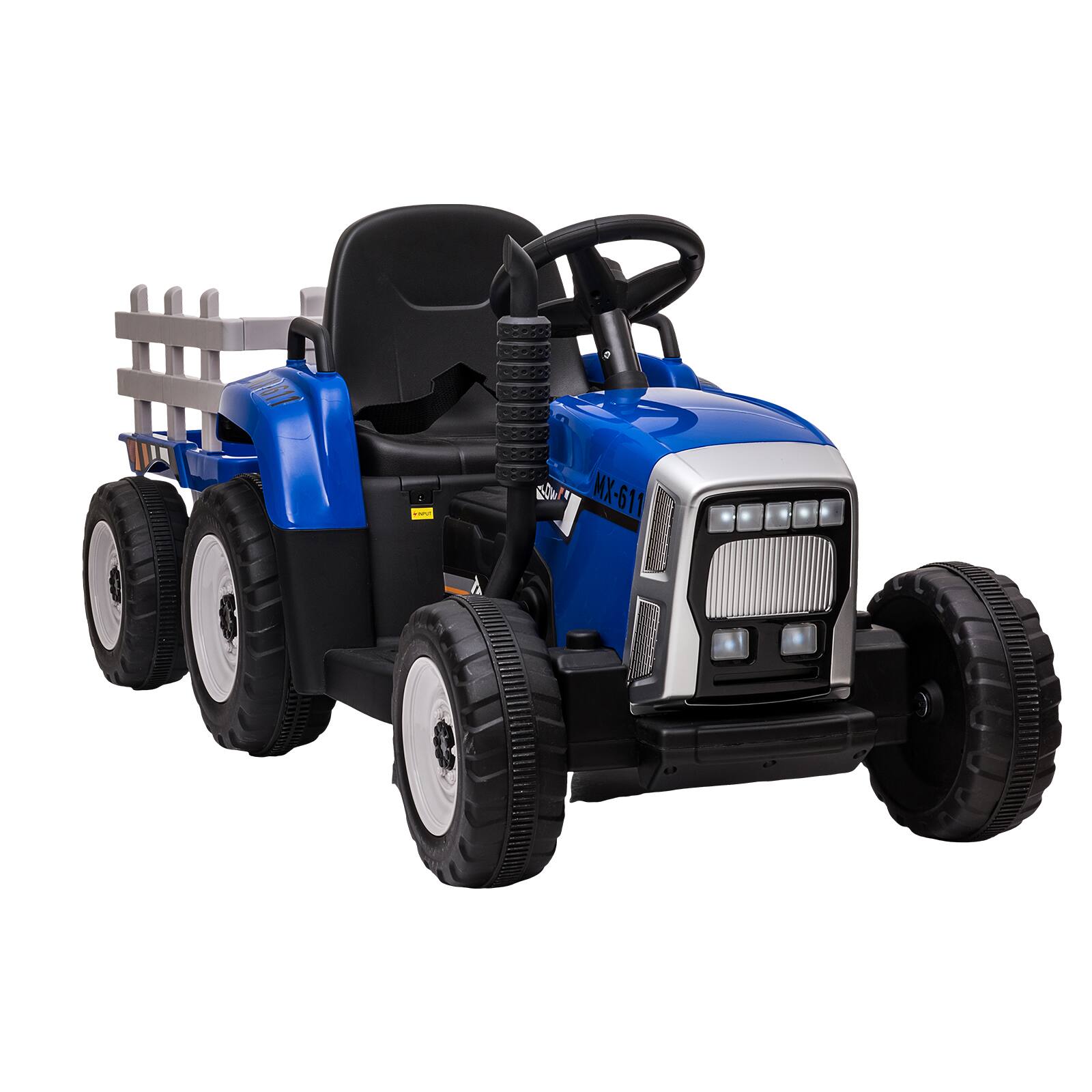 GARVEE - 12V Kids Ride On Tractor w/ Detachable Trailer, Remote Control, LED Lights, 3-Speed, MP3/USB, Safe Electric Toy Car - Blue - 25W/Tread Tire