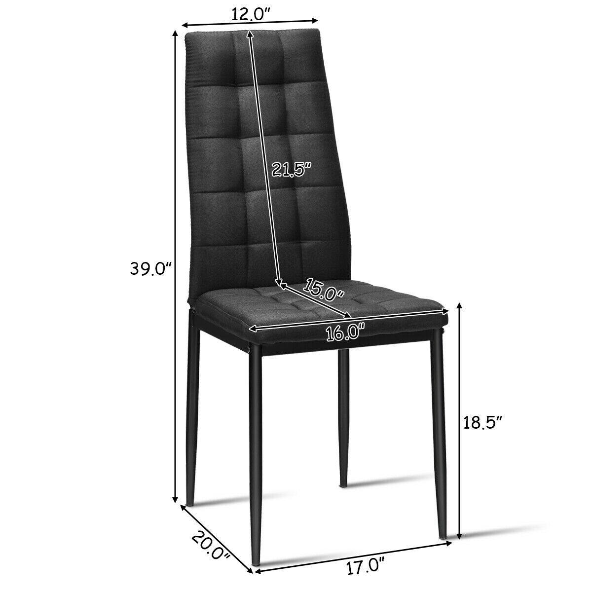 The dimensions of the chair are as follows:

- Height: 39.0"
- Width: 21.5"
- Depth: 18.5"
- Seat Height: 16.0"
- Back Height: 21.5"
- Armrest Height: 12.0"
- Overall Width: 17.0"