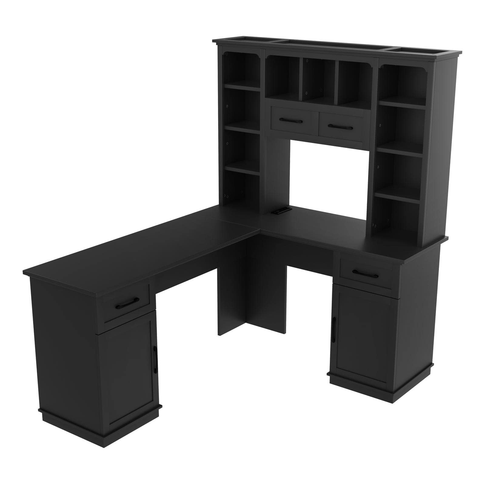 Spaco - L-Shaped Computer Desk with Cabinets, Drawers, Shelves, Power Outlet for Office - Black