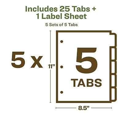 Includes 25 Tabs + 1 Label Sheet  
5 Sets of 5 Tabs  
5 x 11"  
5 Tabs  
8.5"
