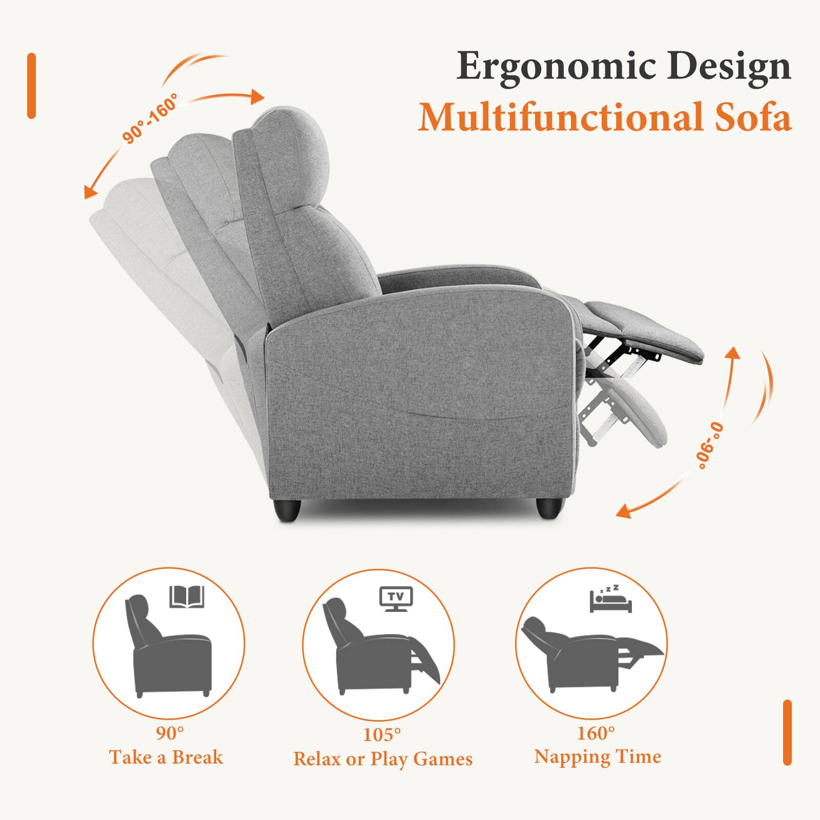 90-160
Ergonomic Design Multifunctional Sofa
0-90
TV
90 Take a Break
105 Relax or Play Games
160 Napping Time