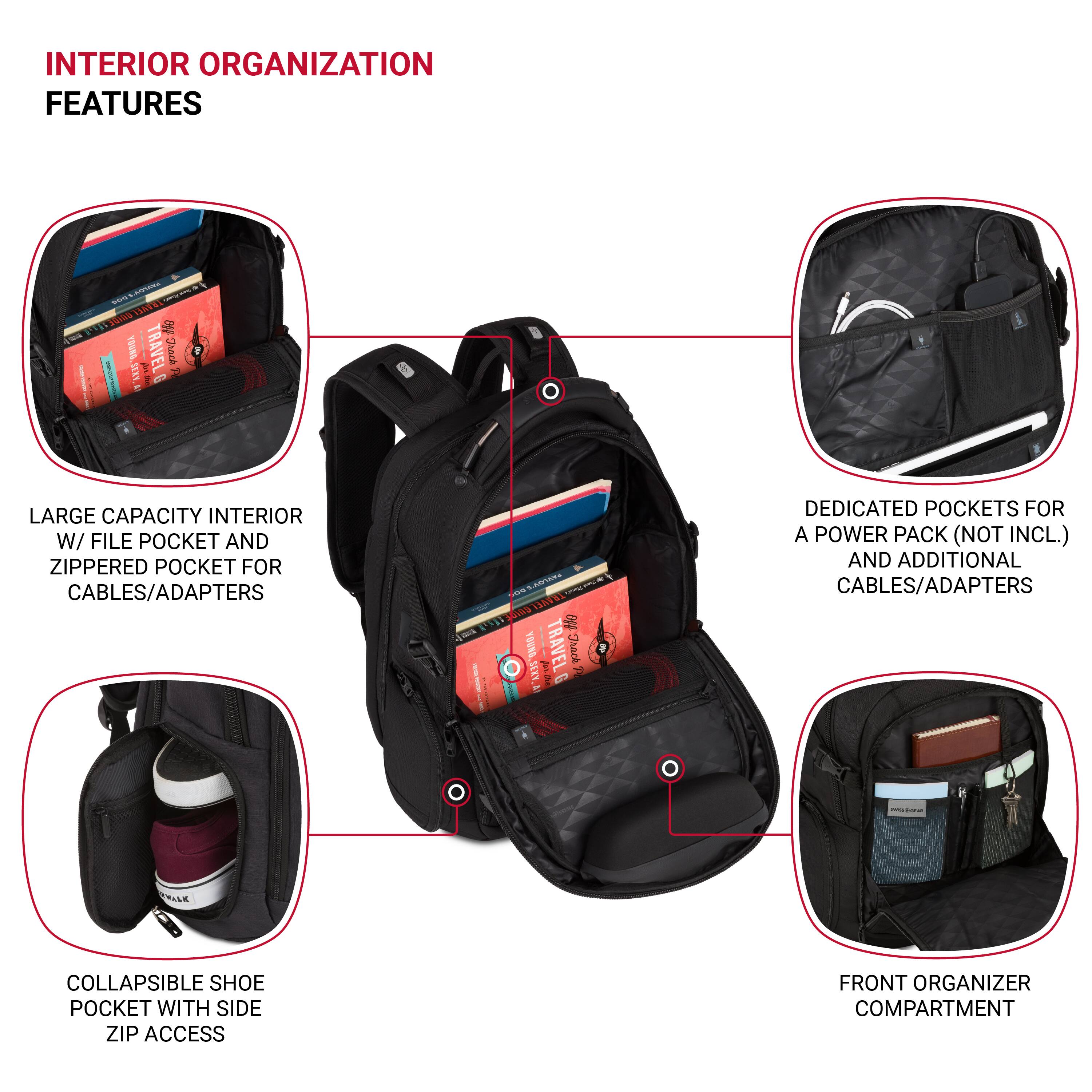 INTERIOR ORGANIZATION FEATURES:
1. Large capacity interior with file pocket and zippered pocket for cables/adapters.
2. Dedicated pockets for a power pack (not included) and additional cables/adapters.
3. Collapsible shoe pocket with side zip access.
4. Front organizer compartment.
