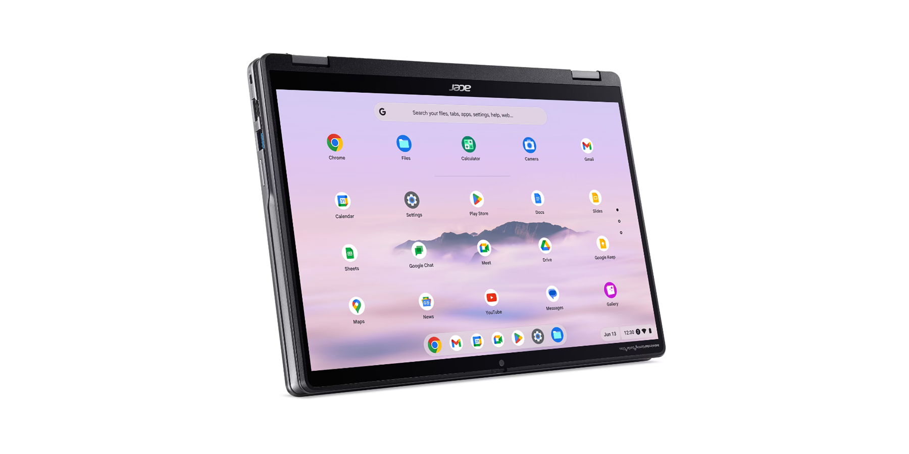 acer G Search your fles tabs appL setings heip wet.. Chrome Files Calculator Calendar Settings Play Store Docs Sheets Google Chat Meet Drive Google Maps News Messages Gallery 12:30 1 Jun 1