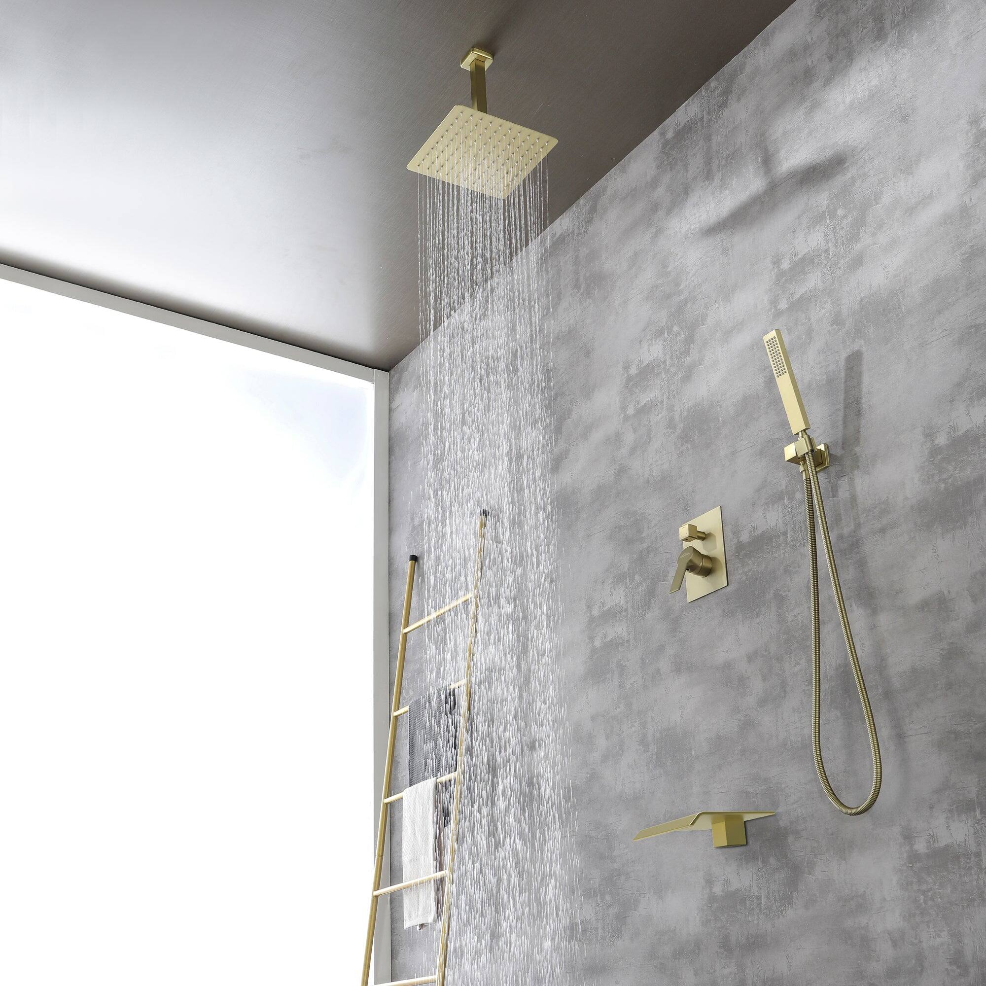 Back. Boyel Living - Ceiling Mount Single-Handle 1-Spray Tub and Shower Faucet in Brushed Gold - 10 Inch (Valve Included) - Brushed Gold.