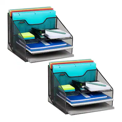 Front. Mind Reader - File Organizer, Set of 2, Desk Organizer, Storage, Paper Tray, Office, Metal Mesh, 12.5"L x 11.5"W x 9.5"H - Black.