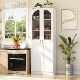Aheaplus - 80'' Tall Kitchen Pantry Cabinet with Arched Doors and Adjustable Shelves - White