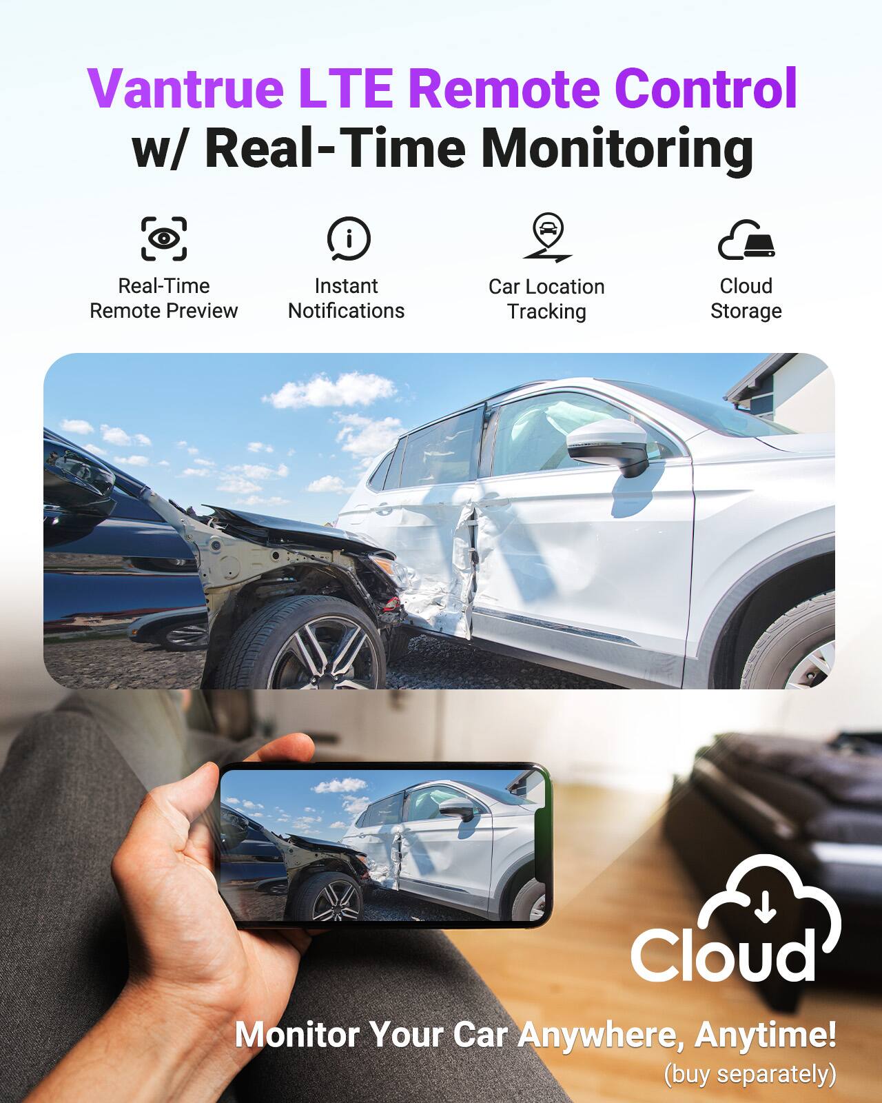 Vantrue LTE Remote Control w/ Real-Time Monitoring  
- Real-Time Remote Preview  
- Instant Notifications  
- Car Location Tracking  
- Cloud Storage  

Monitor Your Car Anywhere, Anytime! (buy separately)