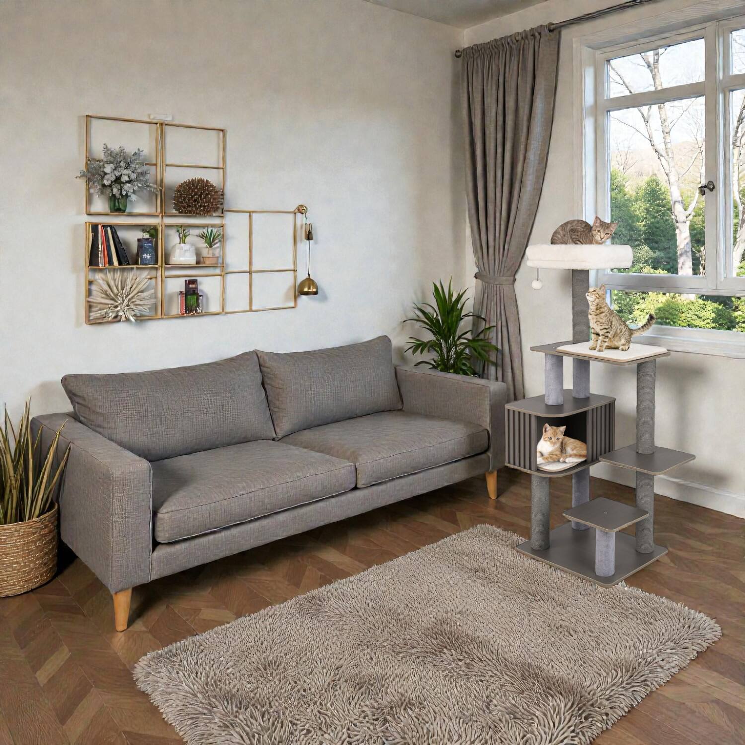 BreeBe - 59.5-Inch Indoor Cat Tower with Multi-Level Platforms and Cushioned Top Perch - Gray