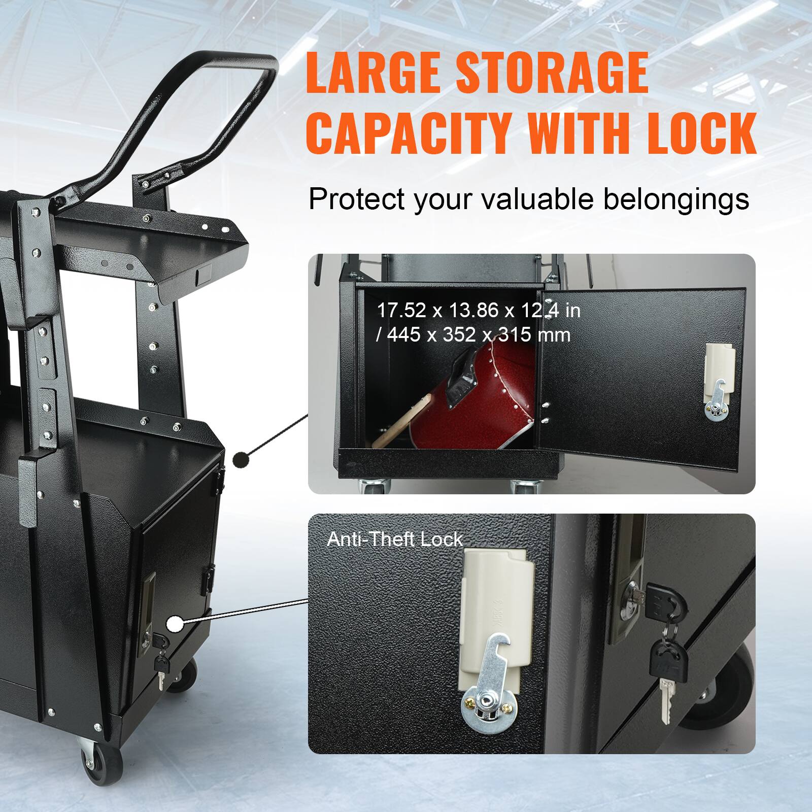 LARGE STORAGE CAPACITY WITH LOCK
Protect your valuable belongings
17.52 x 13.86 x 12.4 in / 445 x 352 x 315 mm
Anti-Theft Lock