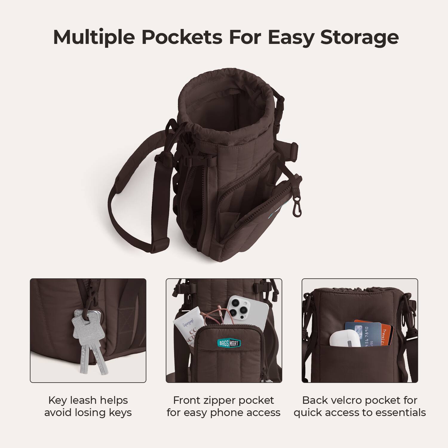 Multiple Pockets For Easy Storage

Sporgangel
BAGS WORT
7840 435
SEA
D Travel

Key leash helps avoid losing keys
Front zipper pocket for easy phone access
Back velcro pocket for quick access to essentials