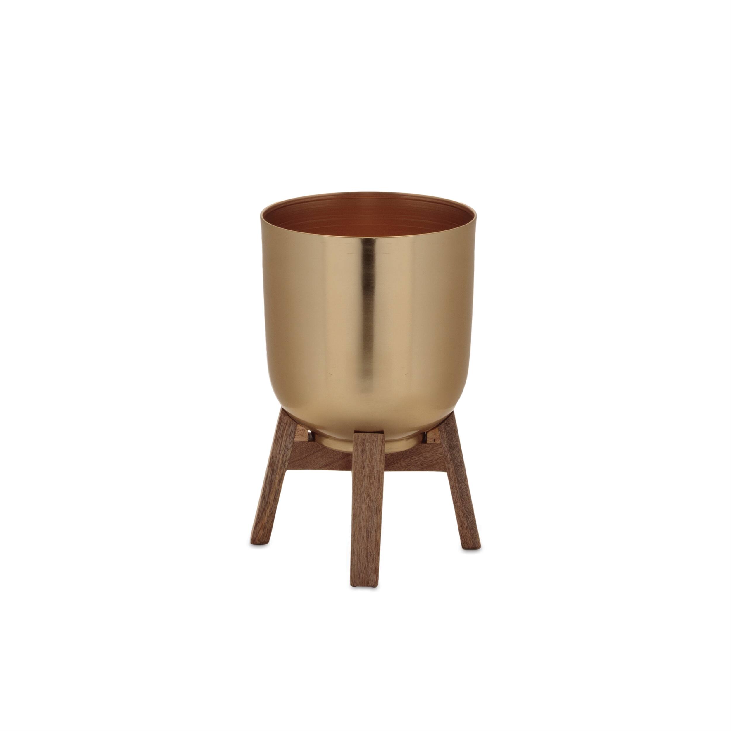 Back. BreeBe - Round Metal Planter with Wooden Stand (Set of 2) - Gold.