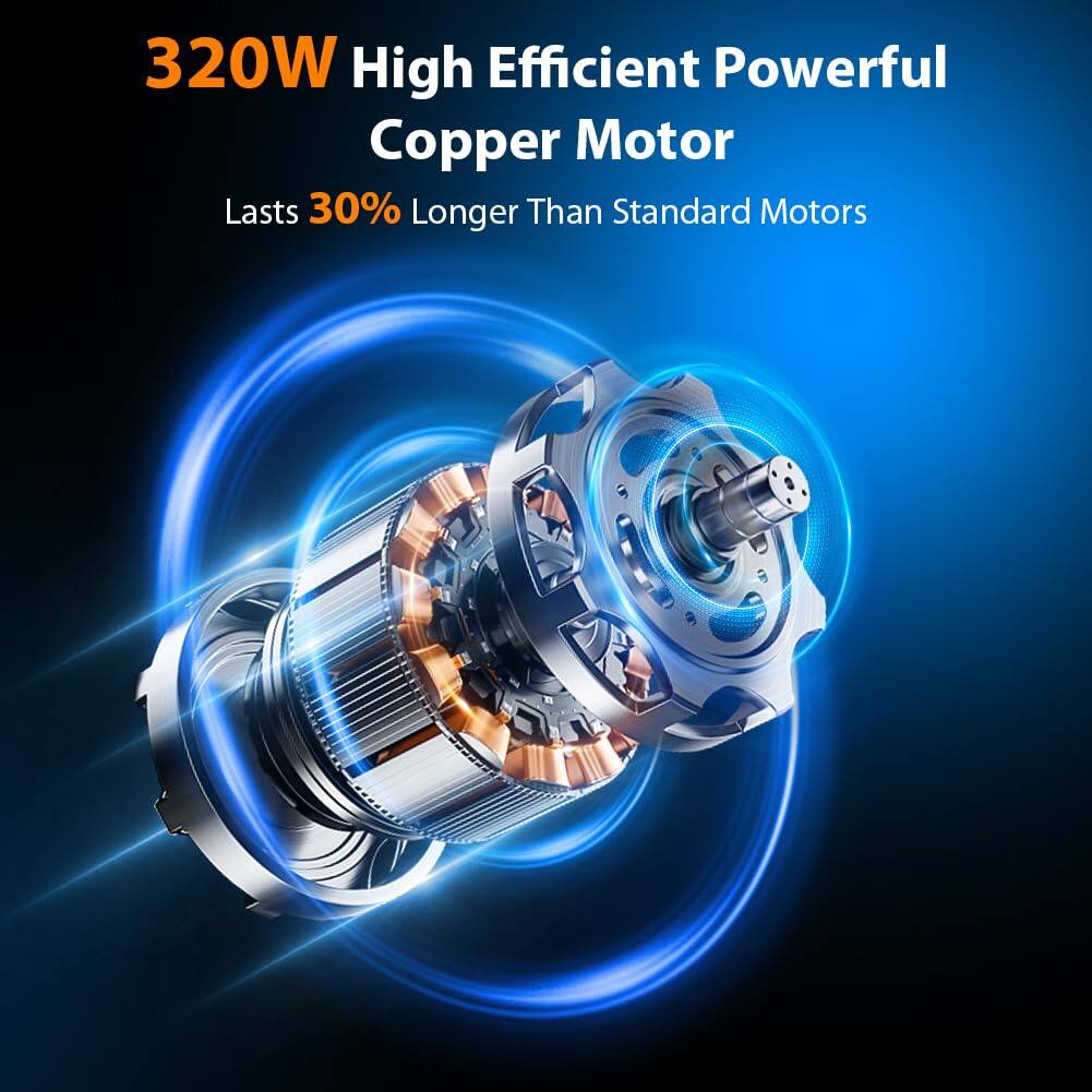 320W High Efficient Powerful Copper Motor  
Lasts 30% Longer Than Standard Motors
