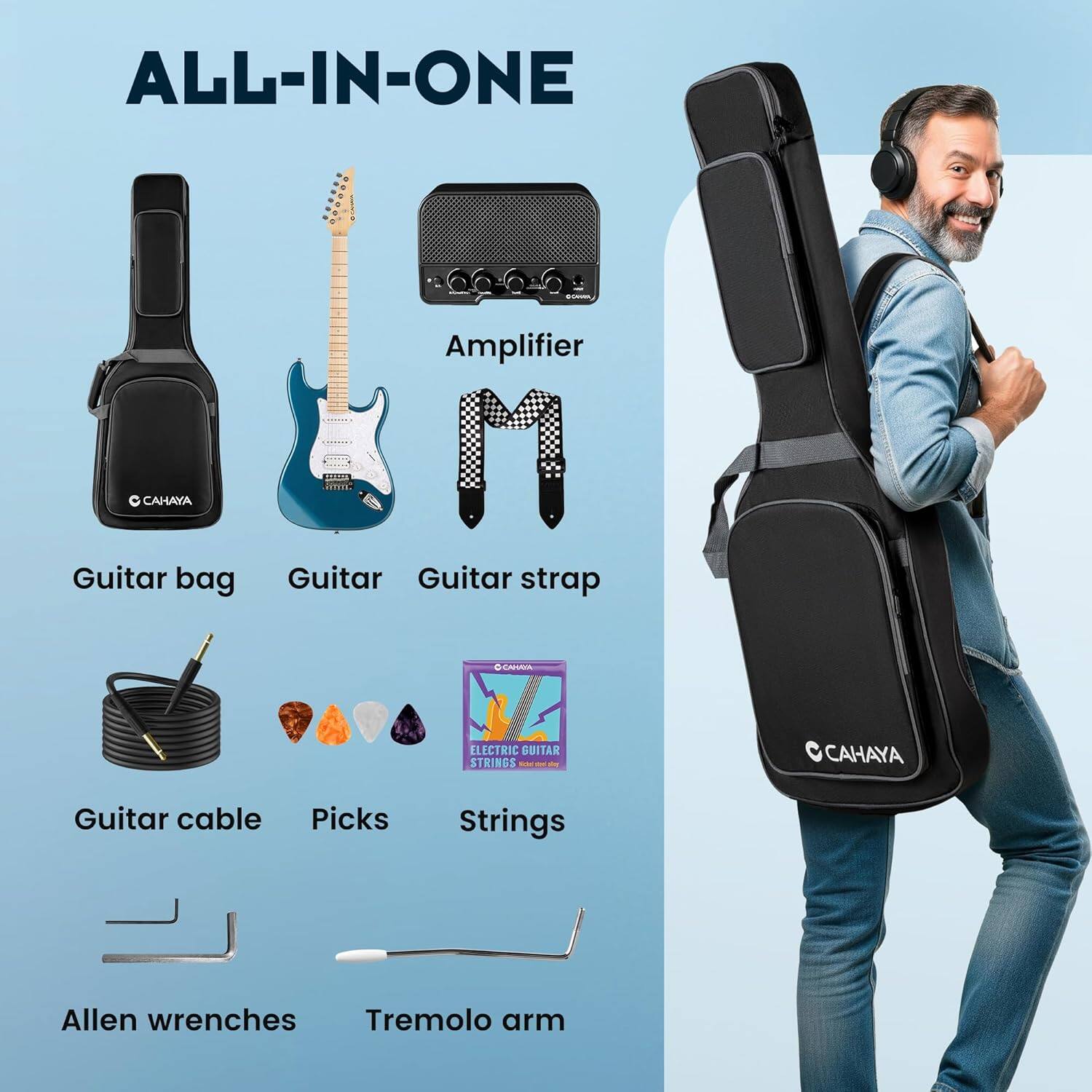 ALL-IN-ONE

- Guitar bag
- Guitar
- Guitar strap
- Amplifier
- Guitar cable
- Picks
- Strings
- Allen wrenches
- Tremolo arm