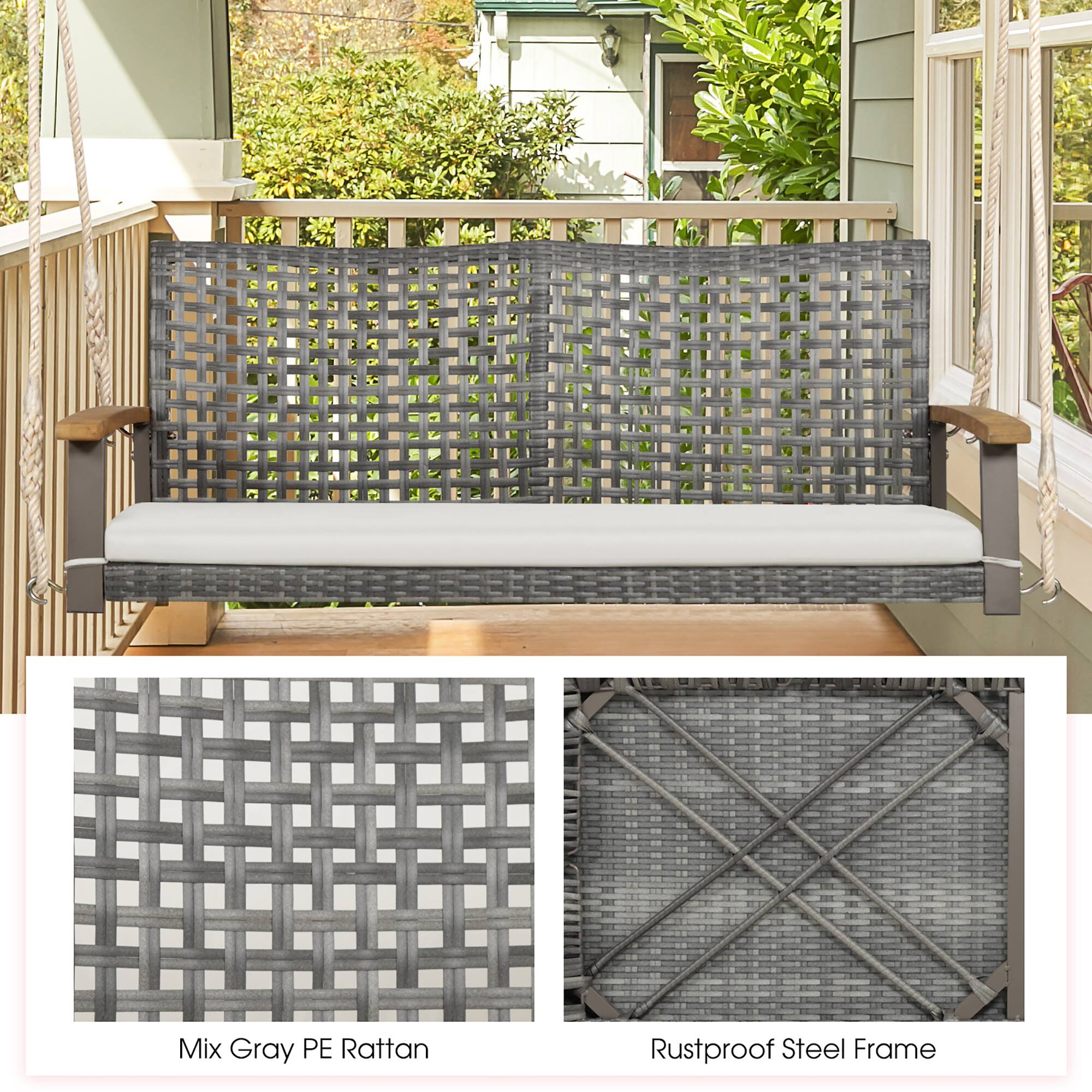 Alt View 3. Gymax - Gymax Rattan Patio Porch Swing 2-Person Cushioned Swing Chair Bench w/ Hanging Ropes Off White - Off White.