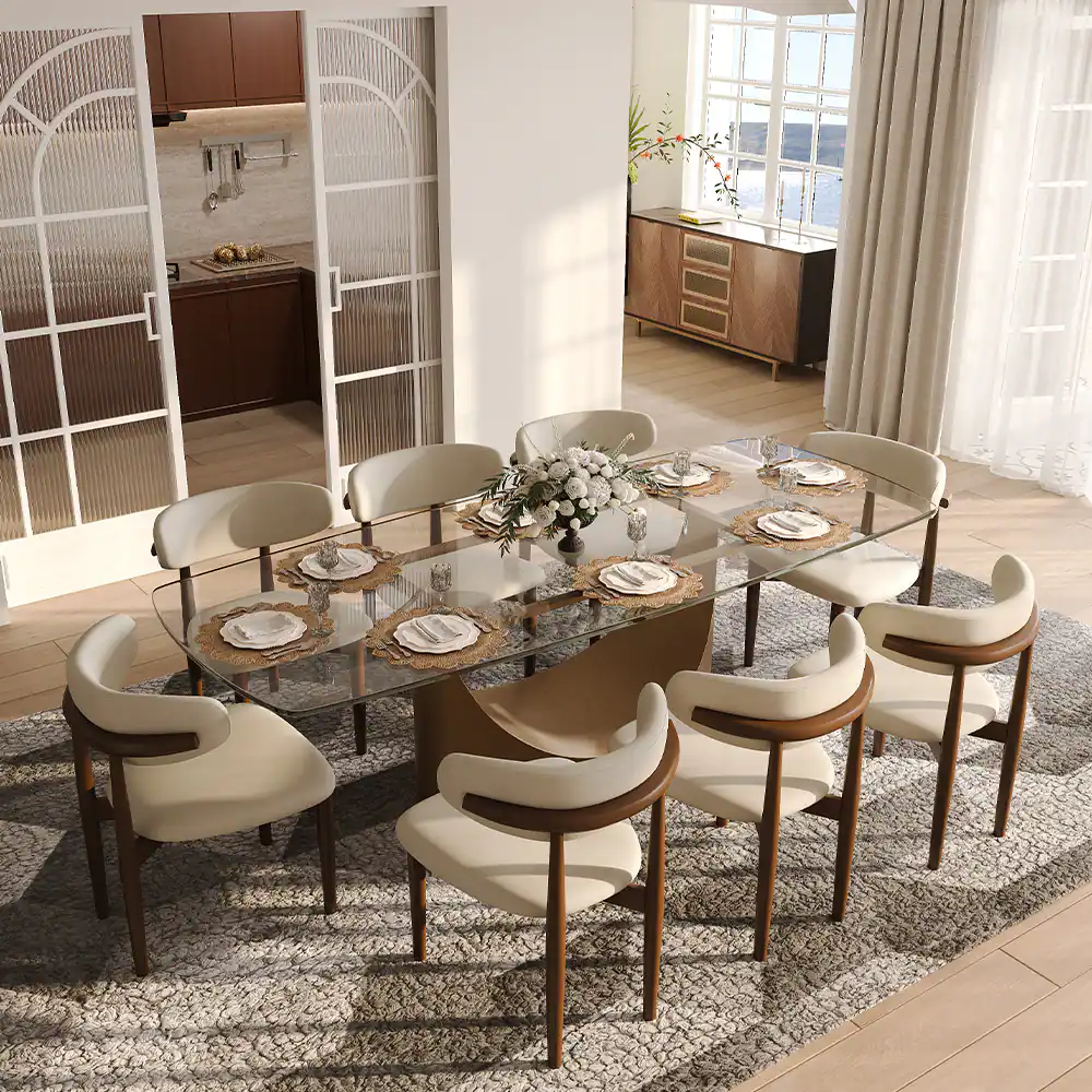 Alt View 8. POVISON - 71" Modern Glass  Long Dining Table for 6, Transparent Glass for Kitchen, Bronze Stainless Steel Pedestal Kitchen Table - Transparent.