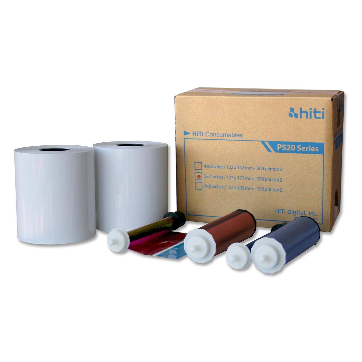 hiti HiTi Consumables P520 Series

4x5 inches 102x152 mm - 500 prints x 2

5x7 inches 127x177 mm - 290 prints x 2

6x8 inches 152x203 mm - 250 prints x 2

HiTi Digital, Inc.