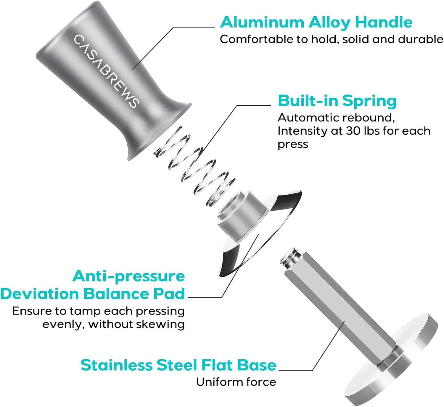 CASABREWS

Aluminum Alloy Handle
Comfortable to hold, solid and durable

Built-in Spring
Automatic rebound, Intensity at 30 lbs for each press

Anti-pressure Deviation Balance Pad
Ensure to tamp each pressing evenly, without skewing

Stainless Steel Flat Base
Uniform force