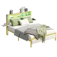 Bestier - Queen Size Bed Frame with Upholstered Headboard Integrated Storage LED Lighting, and Charging Station - White - Front_Zoom