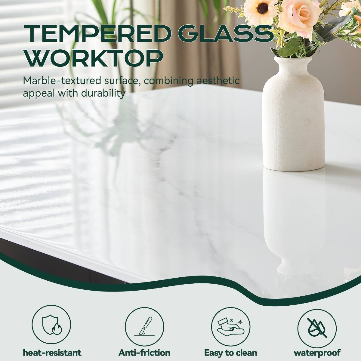TEMPERED GLASS WORKTOP  
Marble-textured surface, combining aesthetic appeal with durability  

- heat-resistant  
- Anti-friction  
- Easy to clean  
- waterproof