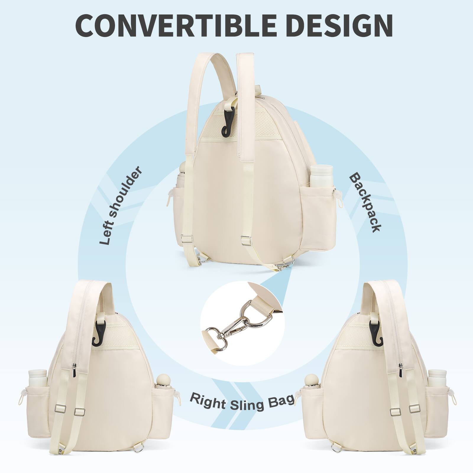 CONVERTIBLE DESIGN

- Left shoulder
- Backpack
- Right Sling Bag