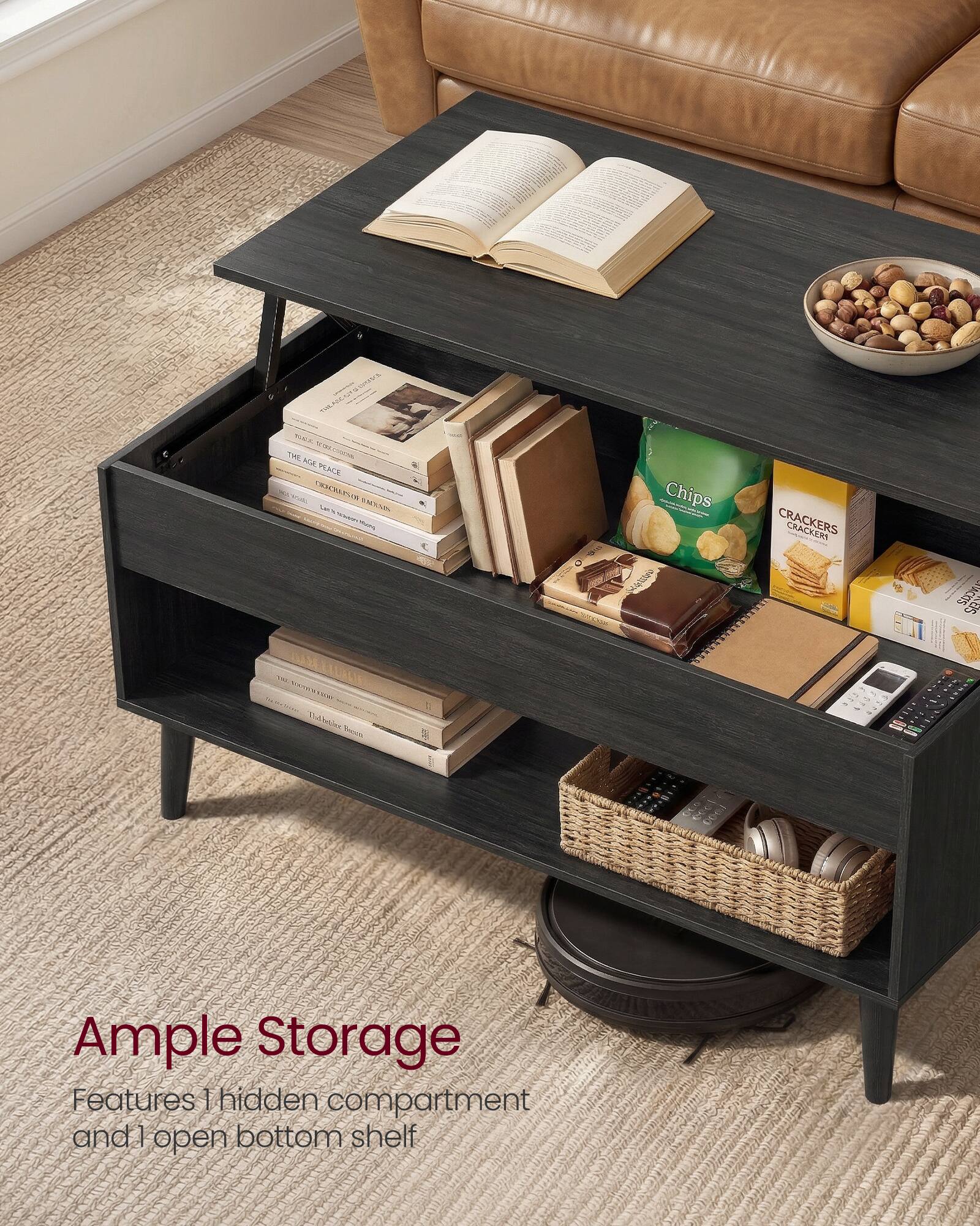 Ample Storage  
Features 1 hidden compartment and 1 open bottom shelf