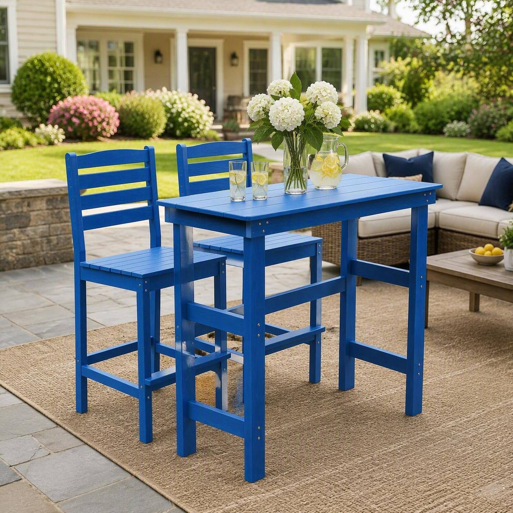 Left. RYHNUYNE - Navy Blue Outdoor Bar Table for Patio Lawn and Poolside,Weatherproof HDPE Dining Height Table with Slatted Top - Lake Blue.
