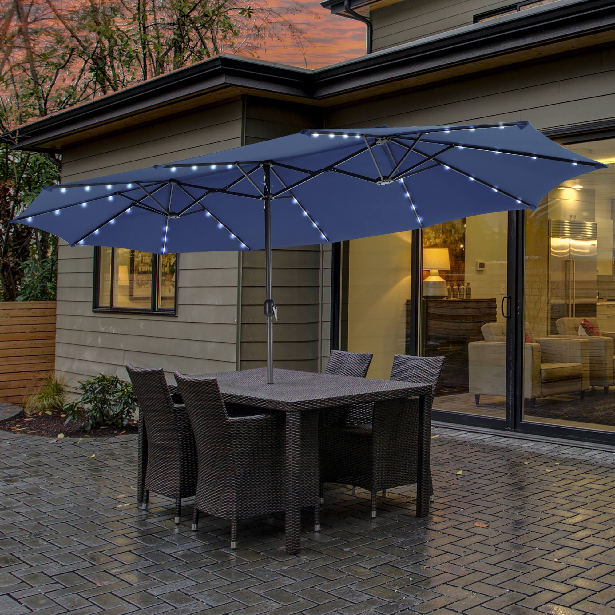Alt View 4. Costway - Costway 15FT Twin Patio Double-Sided Umbrella 48 Solar LED Lights Crank Outdoor - Blue.