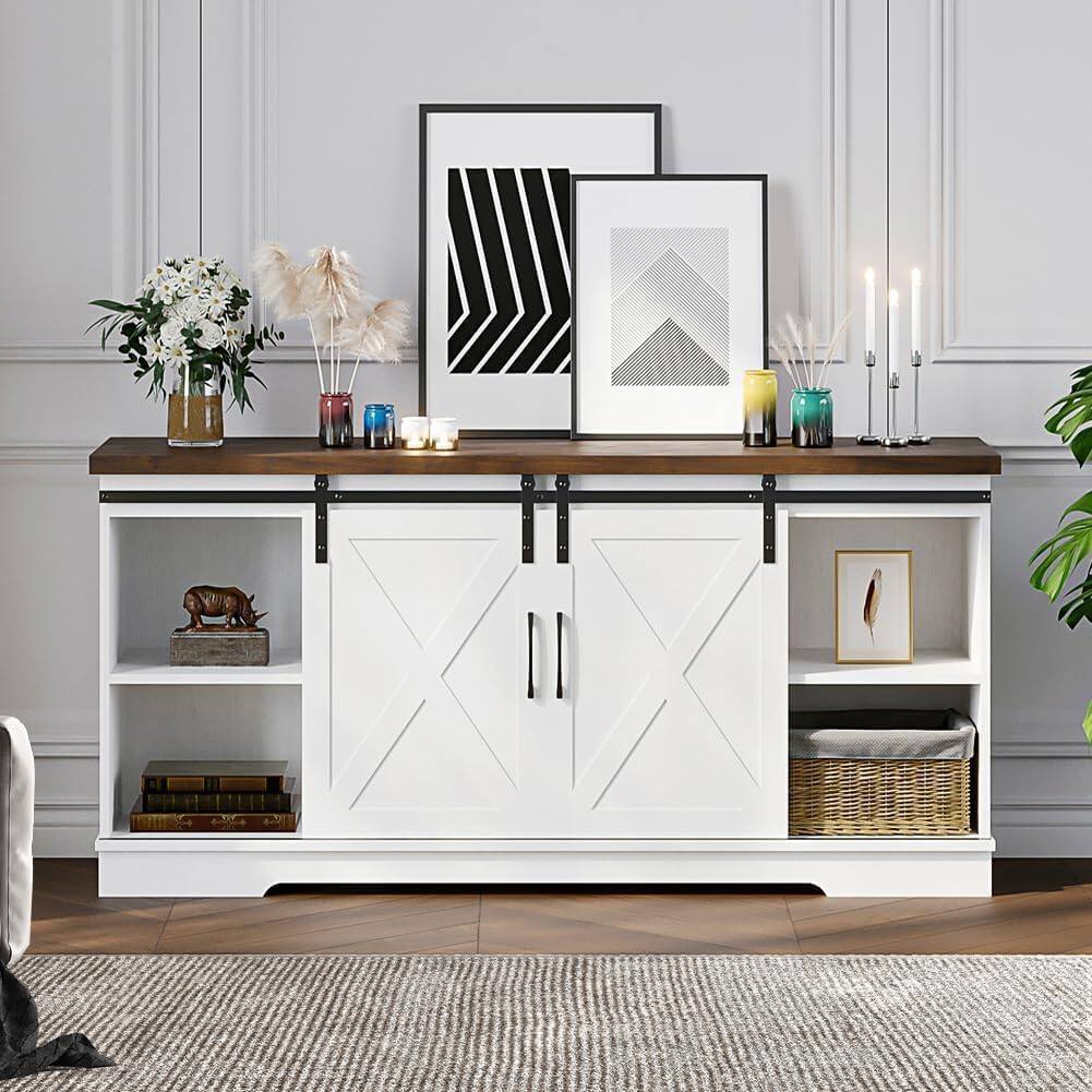 Left. Qeetex - 59" Farmhouse TV Stand for 65 Inch TV, Sliding Barn Doors, Adjustable Shelves & Media Console Storage - White.