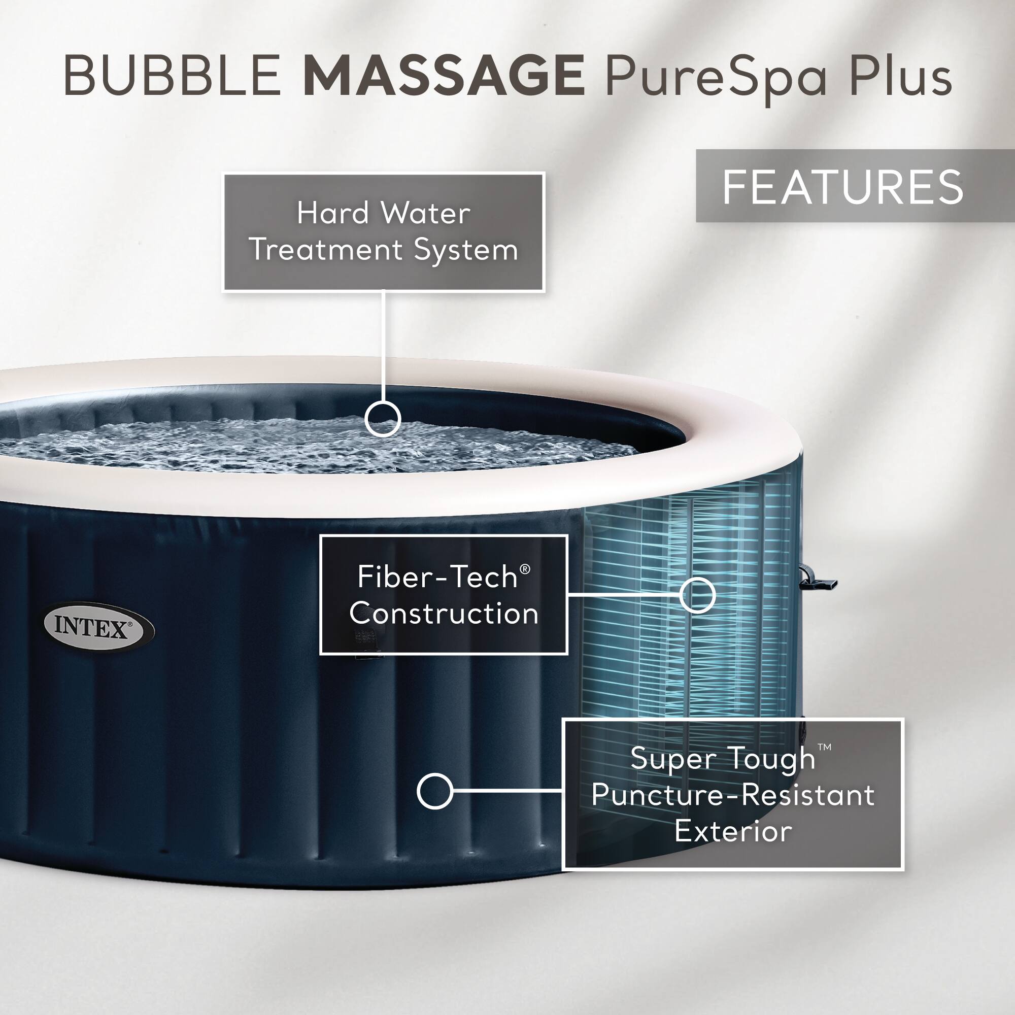 BUBBLE MASSAGE PureSpa Plus

FEATURES
- Hard Water Treatment System
- Fiber-Tech Construction
- Super Tough™ Puncture-Resistant Exterior