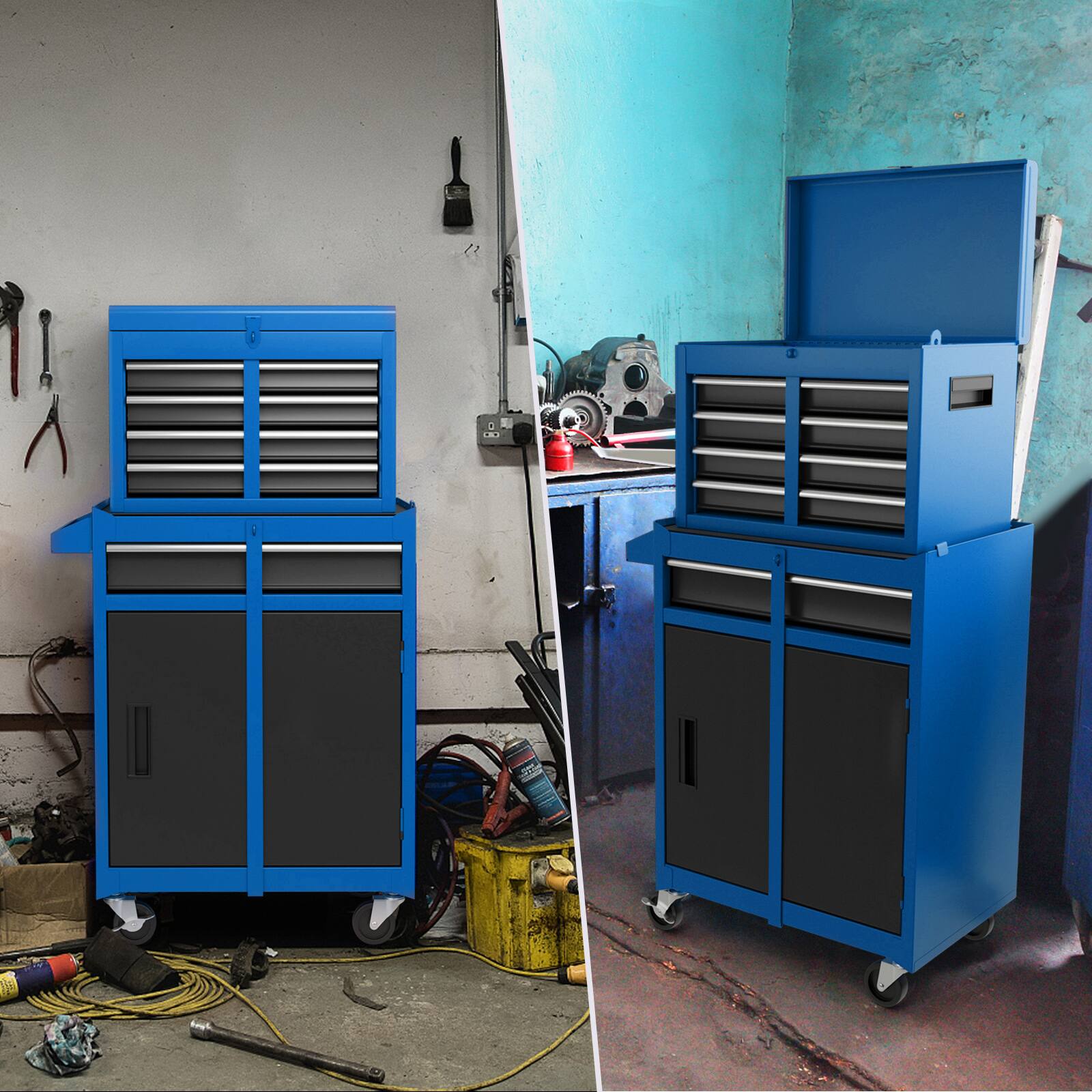 Alt View 1. Costway - Costway 2 in 1 Tool Chest & Cabinet with Sliding Drawers Rolling Garage Organizer - Black + Blue.