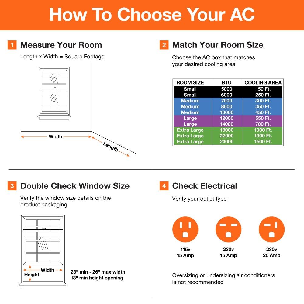 How To Choose Your AC

1. Measure Your Room
   - Length x Width = Square Footage

2. Match Your Room Size
   - Choose the AC box that matches your desired cooling area

   ROOM SIZE | BTU | COOLING AREA
   Small     | 5000 | 150 Ft.
   Small     | 6000 | 250 Ft.
   Medium    | 7000 | 300 Ft.
   Medium    | 8000 | 350 Ft.
   Medium    | 10000 | 450 Ft.
   Large     | 12000 | 550 Ft.
   Large     | 14000 | 700 Ft.
   Extra Large | 18000 | 1000 Ft.
   Extra Large | 22000 | 1300 Ft.
   Extra Large | 24000 | 1500 Ft.

3. Double Check Window Size
   - Verify the window size details on the product packaging
   - Width: 23" min - 26"