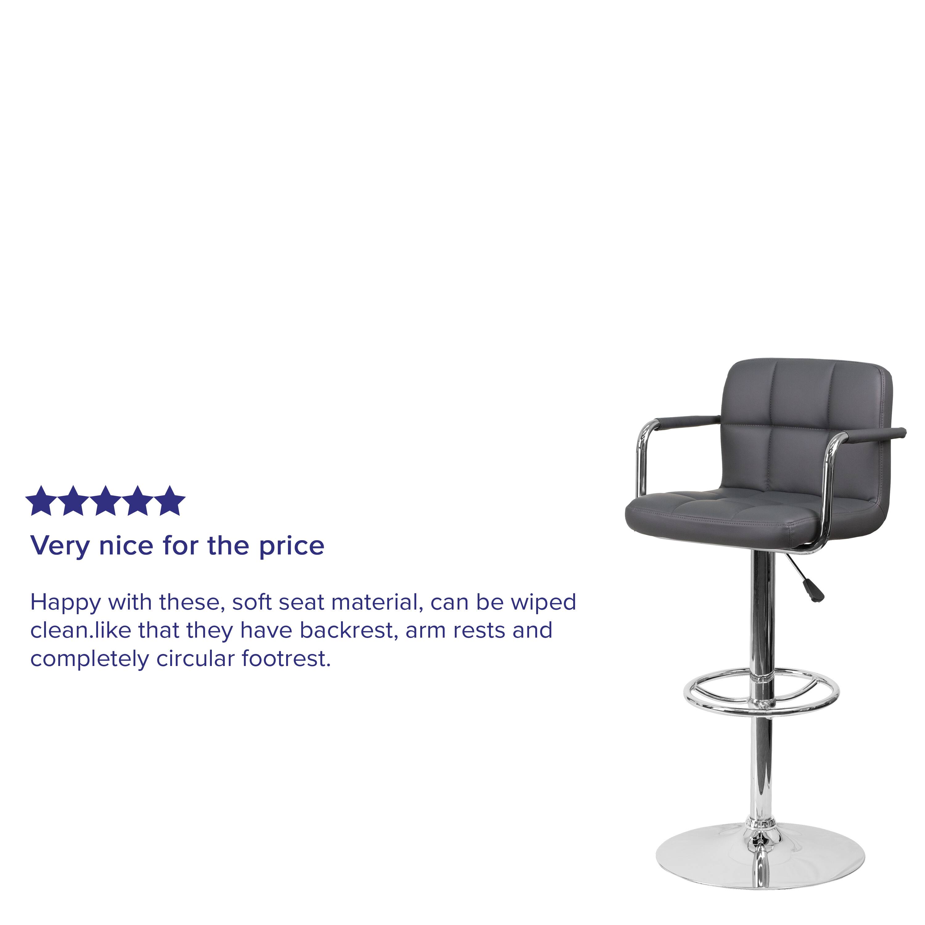 Very nice for the price

Happy with these, soft seat material, can be wiped clean. Like that they have backrest, arm rests and completely circular footrest.