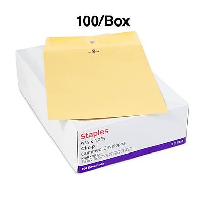 100/Box Staples 9 1/2 x 12 1/2 Clasp Envelopes Kraft 28 di Gummed 100 Envelopes STIT74S