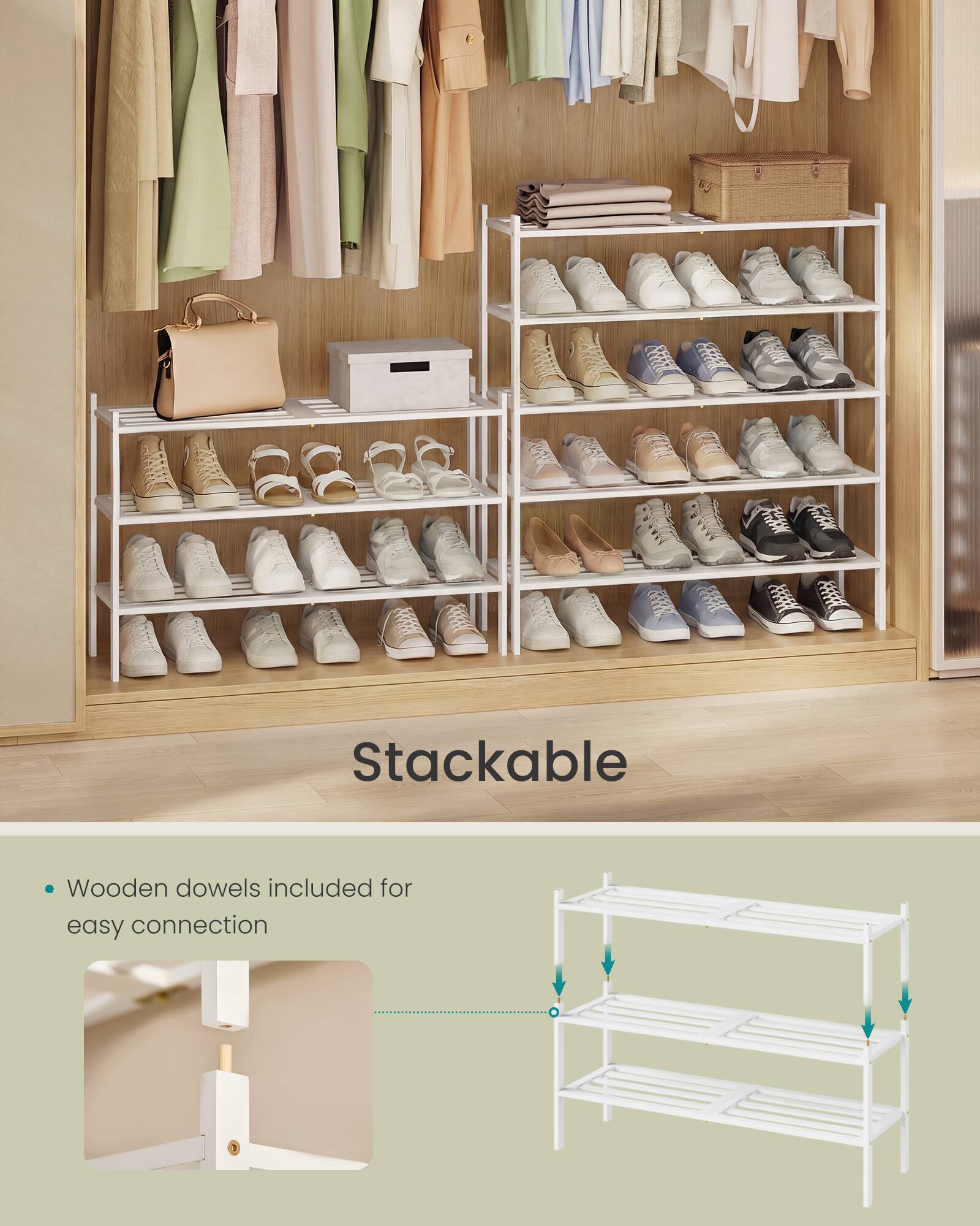 Stackable

Wooden dowels included for easy connection