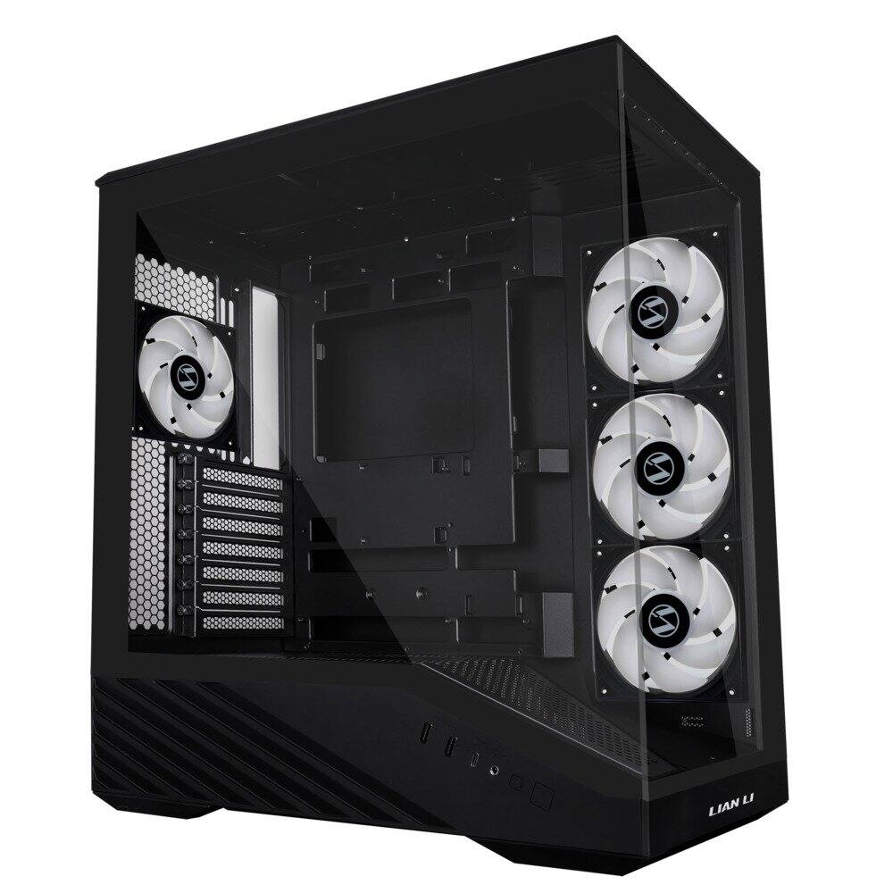 Left. Lian Li - Lian Li V100 ATX Mid-Tower Case, 4x 120mm ARGB Fans, RGB Strip, Tempered Glass, 420mm GPU Support - Black (V100RX) - Black.
