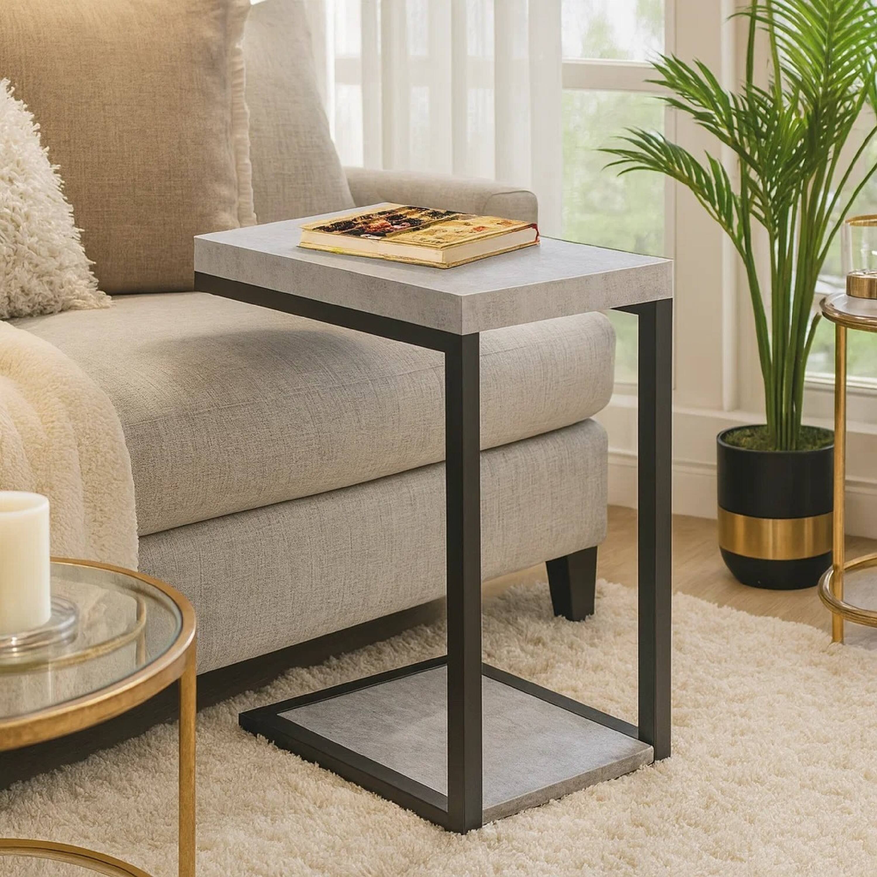 Alt View 2. Manhattan Lane - Industrial Faux Cement Designed Snack Table - Black.