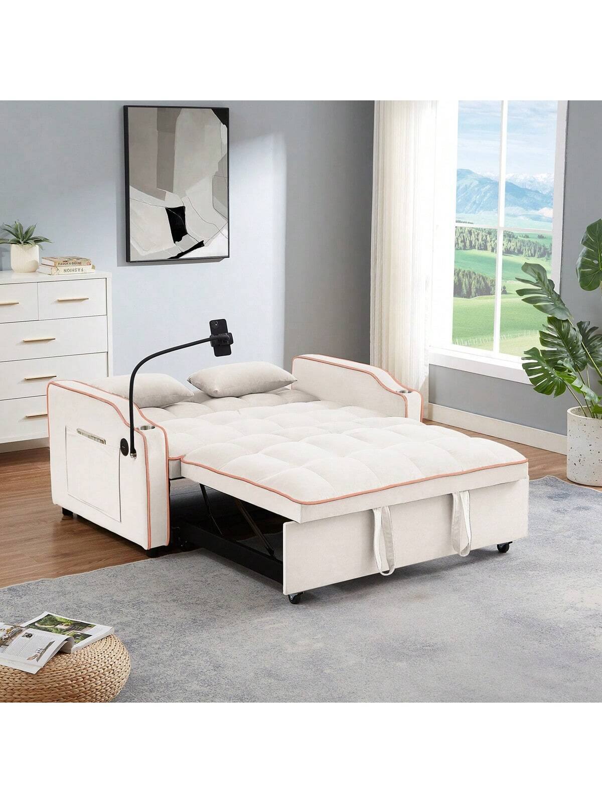 Angle. Trinkets Crazed - Sleeper Sofa Couch Bed with Phone Holder, 3-in-1 Convertible Velvet Pull Out Loveseat Futon Sofa with USB & Cup Holder - Beige.