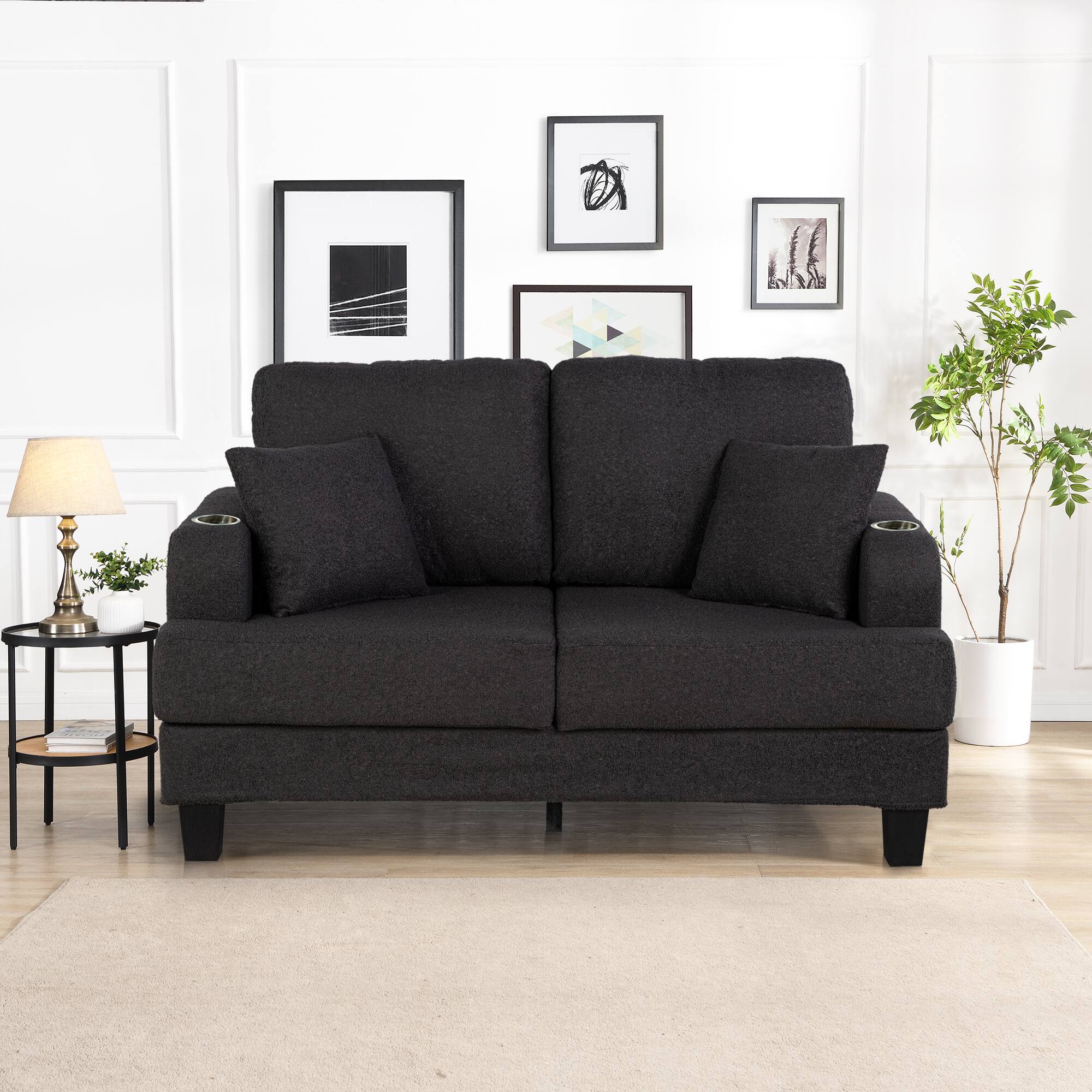 Left. Vaczon - Modern Double Loveseat Couch with Built-in Cup Holders and Soft Throw Pillows Cozy Seating for TV, Movies & Gaming - Charcoal black.