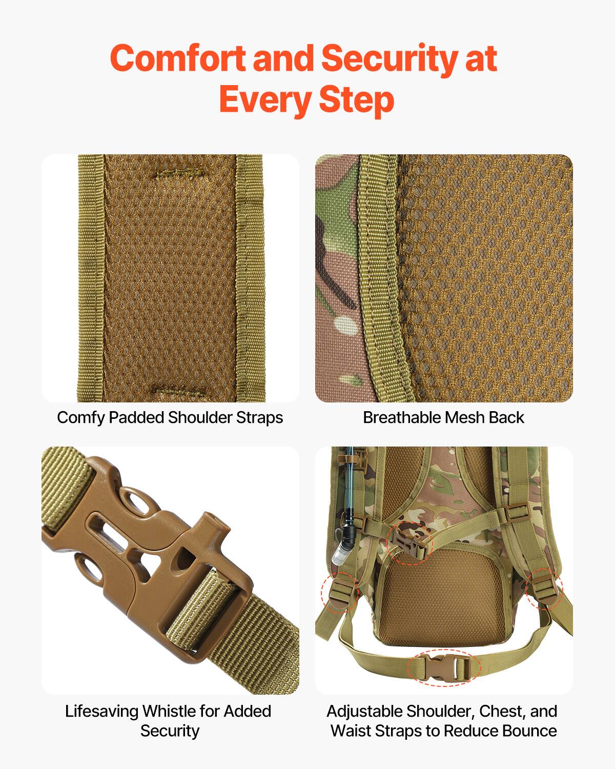 Comfort and Security at Every Step

- Comfy Padded Shoulder Straps
- Breathable Mesh Back
- Lifesaving Whistle for Added Security
- Adjustable Shoulder, Chest, and Waist Straps to Reduce Bounce